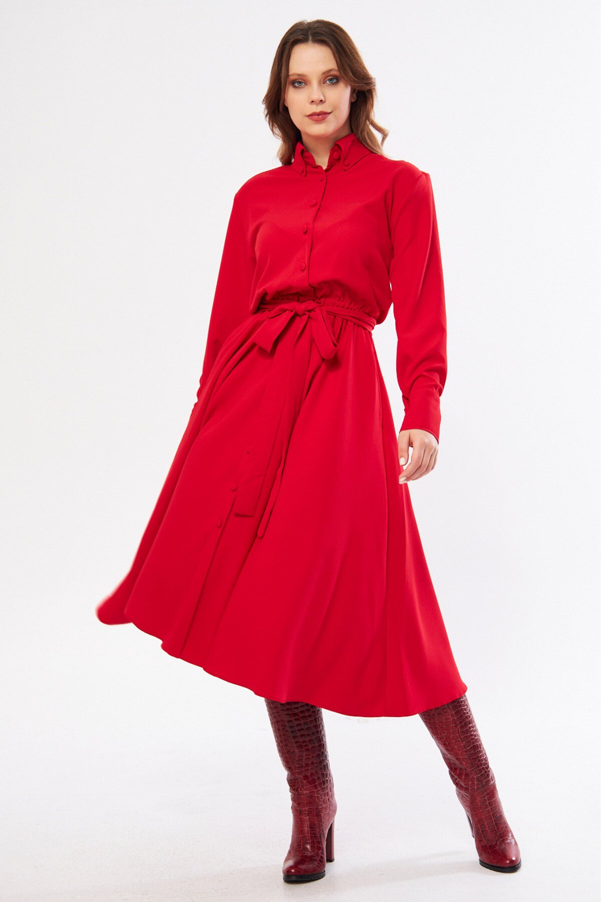 Midi Long-Sleeve Belted Pocket Shirt Dress - Red - Bidoluelbise