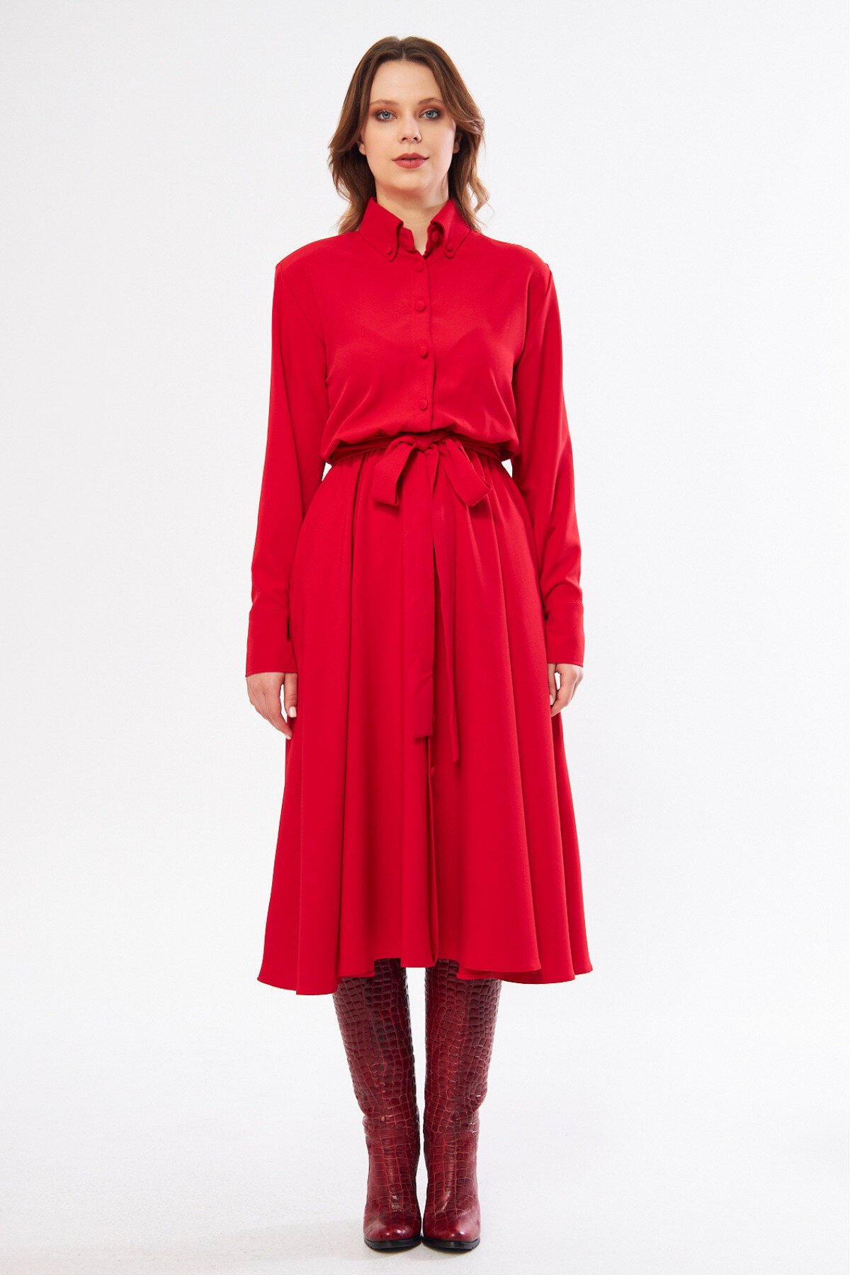 Midi Long-Sleeve Belted Pocket Shirt Dress - Red - Bidoluelbise