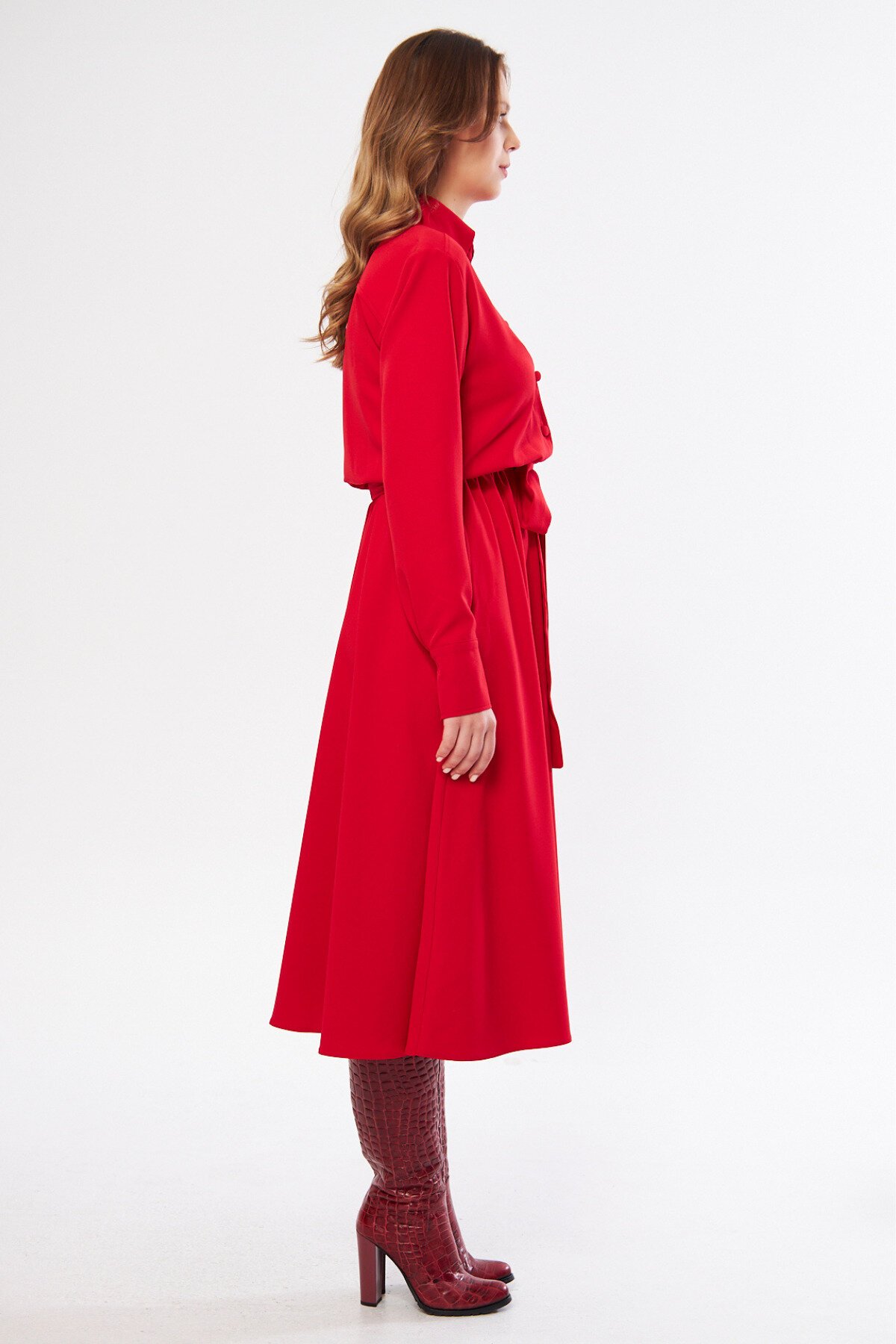 Midi Long-Sleeve Belted Pocket Shirt Dress - Red - Bidoluelbise
