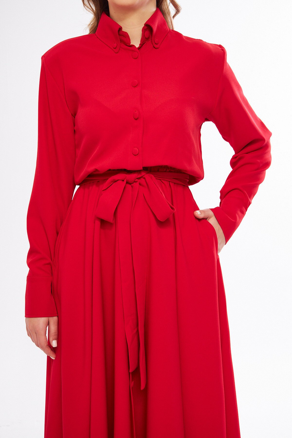 Midi Long-Sleeve Belted Pocket Shirt Dress - Red - Bidoluelbise