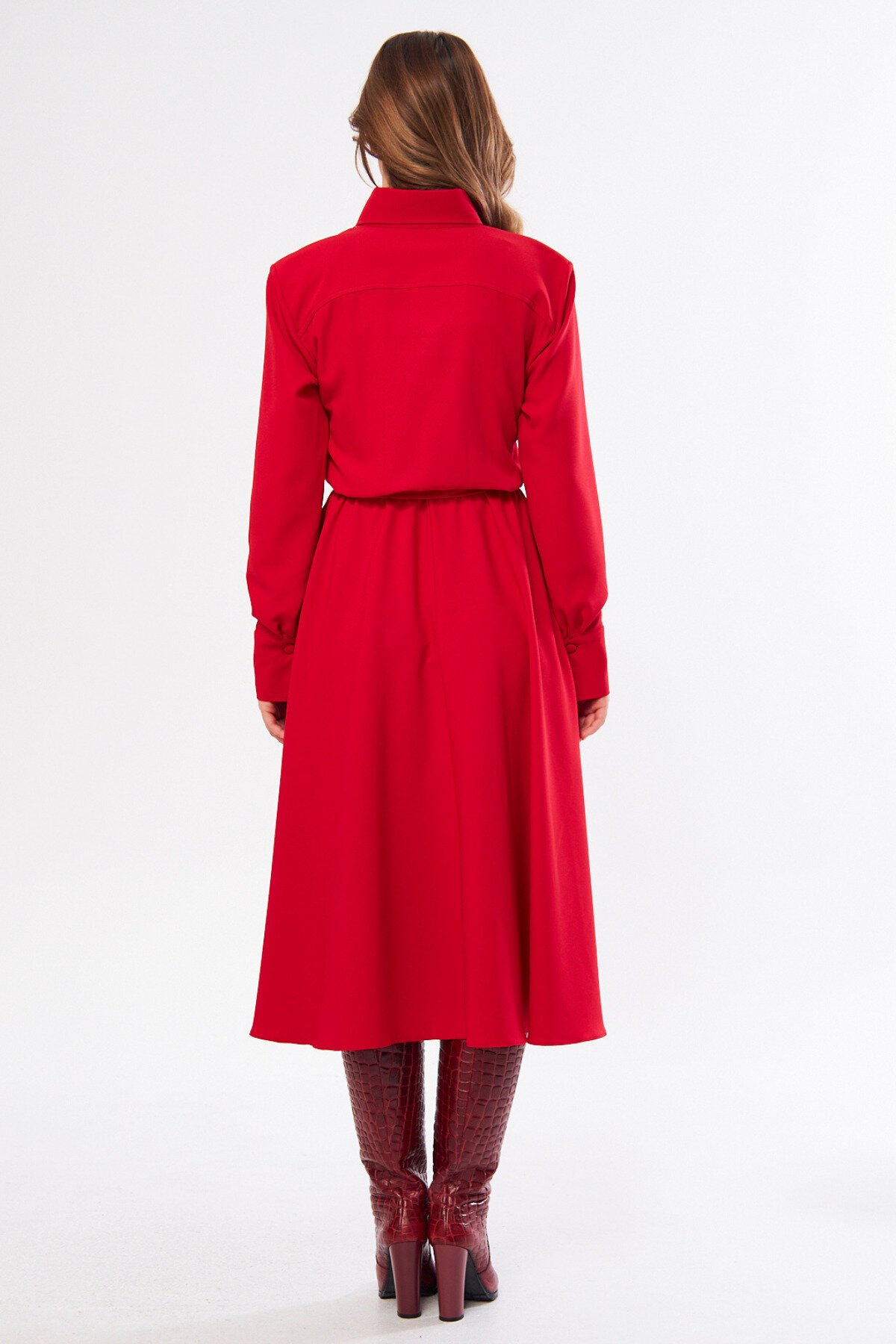 Midi Long-Sleeve Belted Pocket Shirt Dress - Red - Bidoluelbise