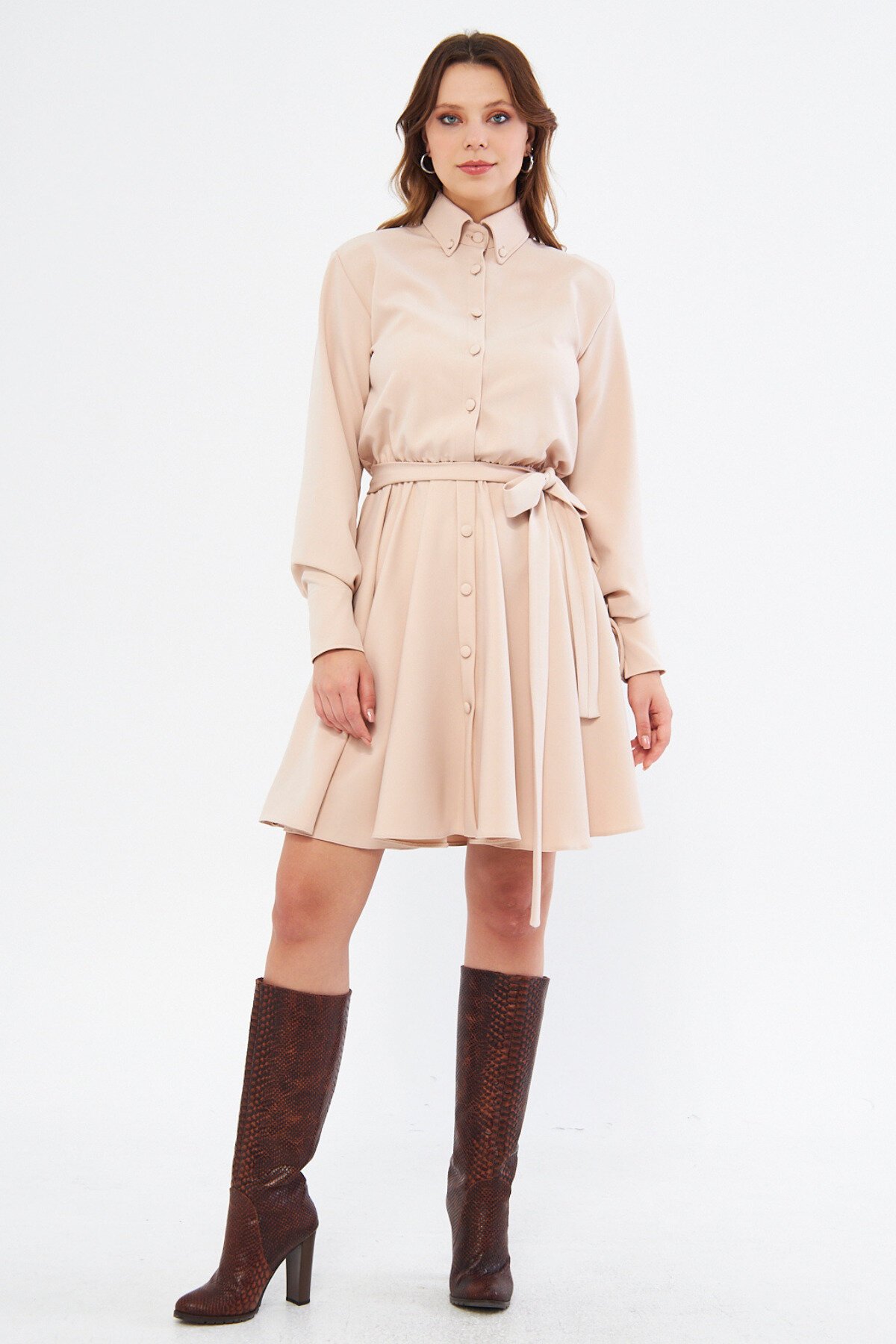 Mini Long-Sleeve Woven Belted Shirt Dress - Cream - Bidoluelbise