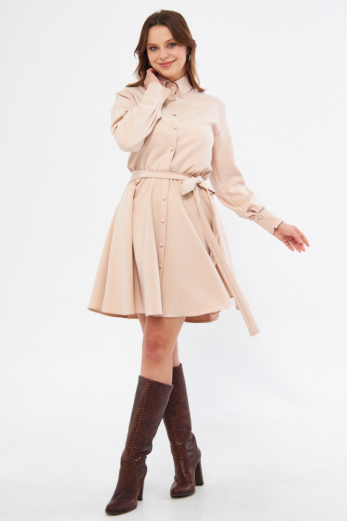 Mini Long-Sleeve Woven Belted Shirt Dress - Cream - Bidoluelbise