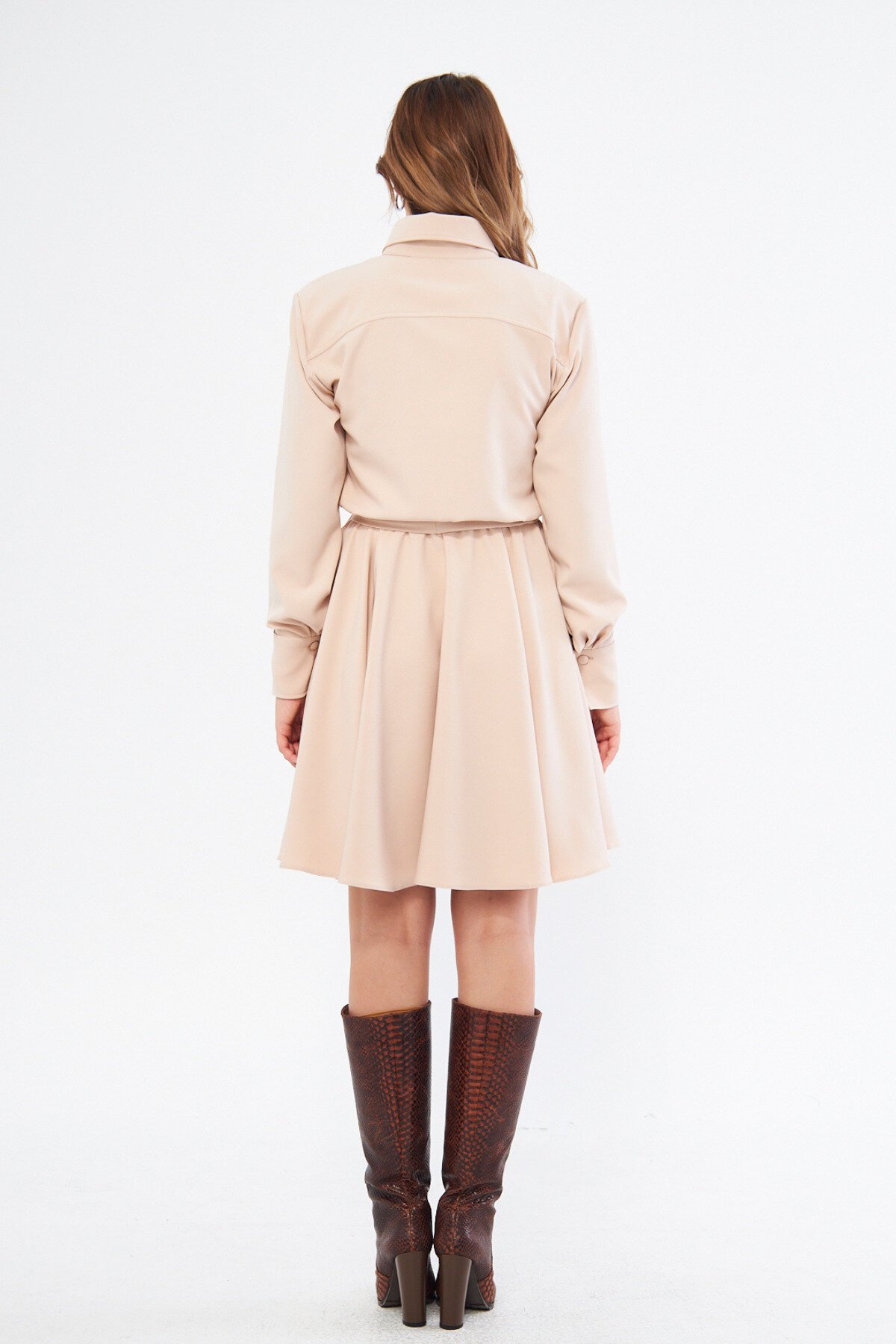Mini Long-Sleeve Woven Belted Shirt Dress - Cream - Bidoluelbise