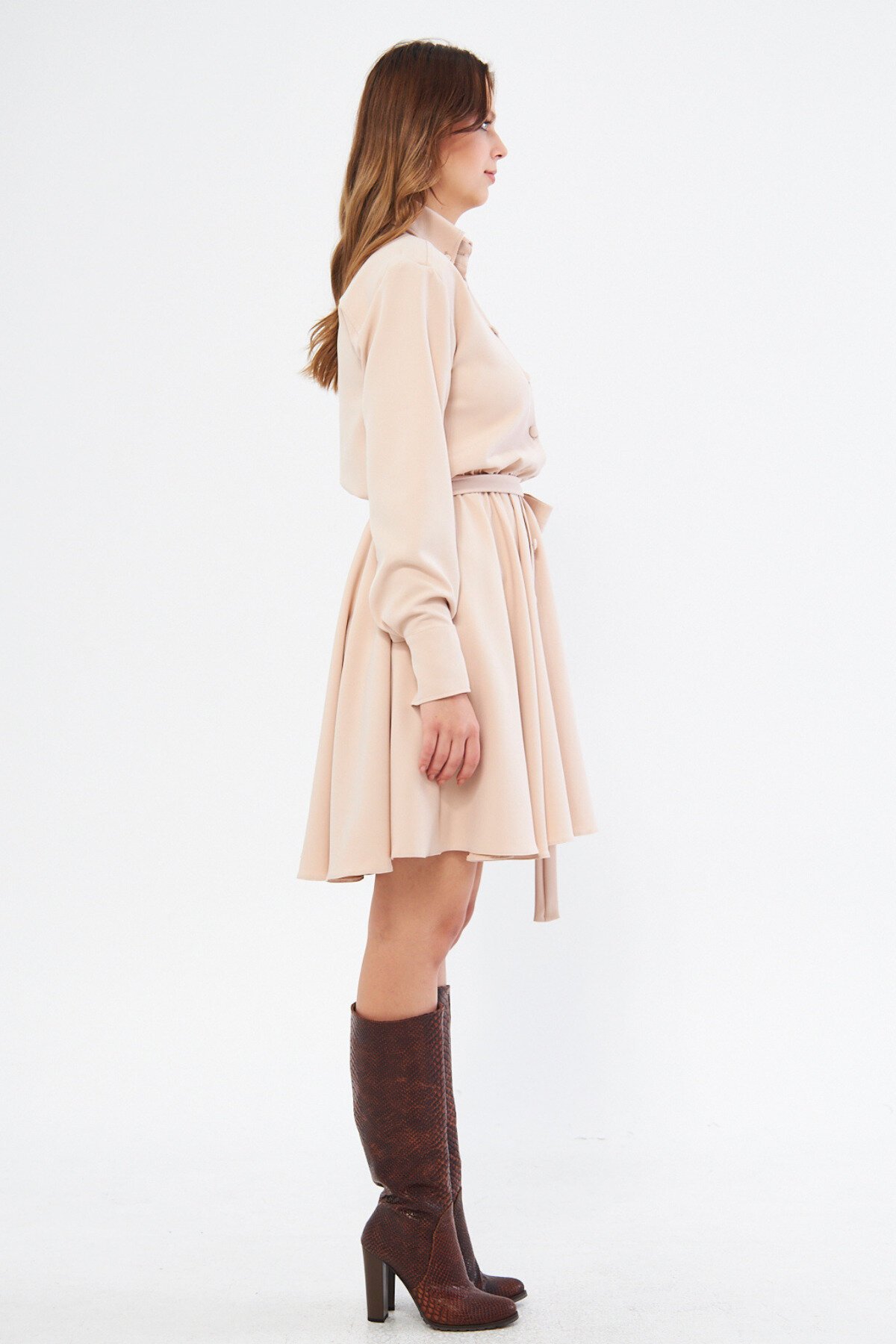 Mini Long-Sleeve Woven Belted Shirt Dress - Cream - Bidoluelbise