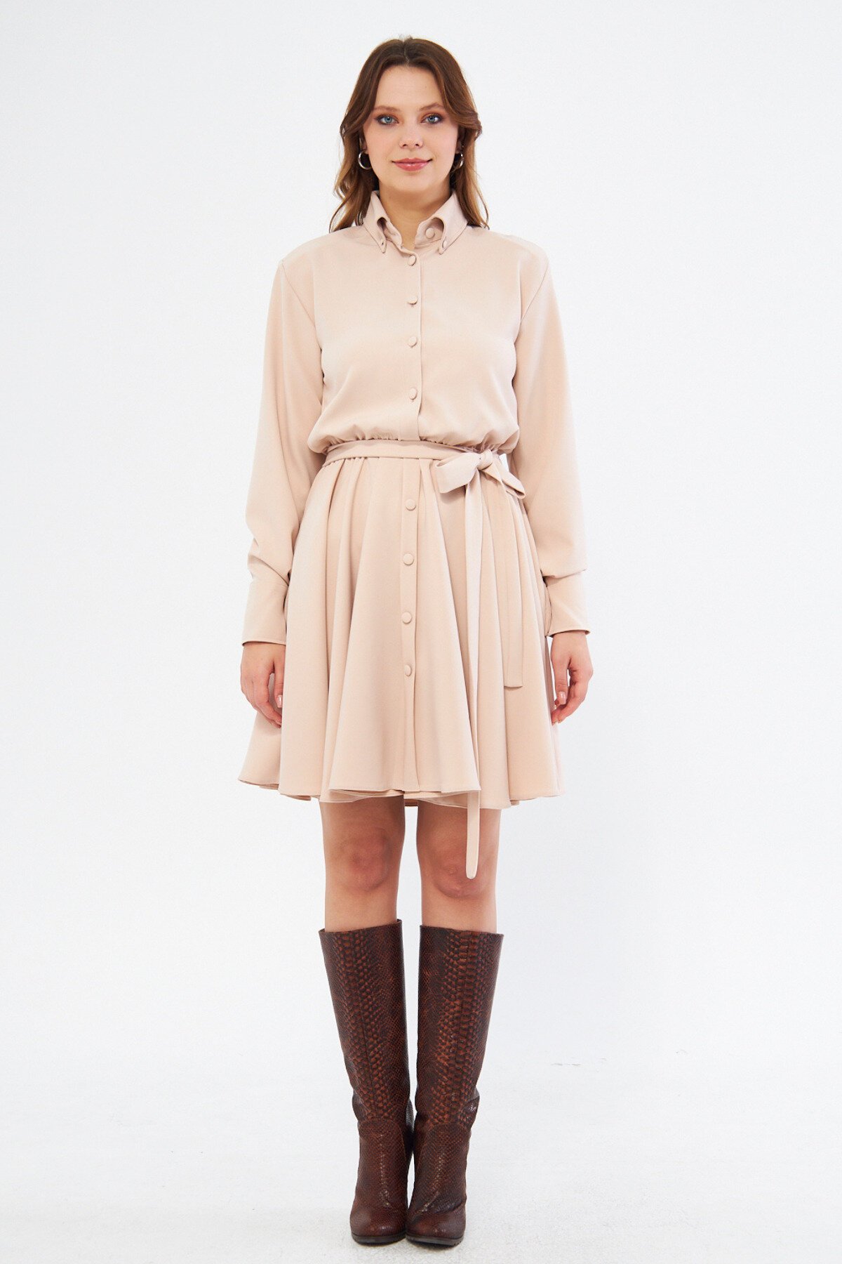 Mini Long-Sleeve Woven Belted Shirt Dress - Cream - Bidoluelbise