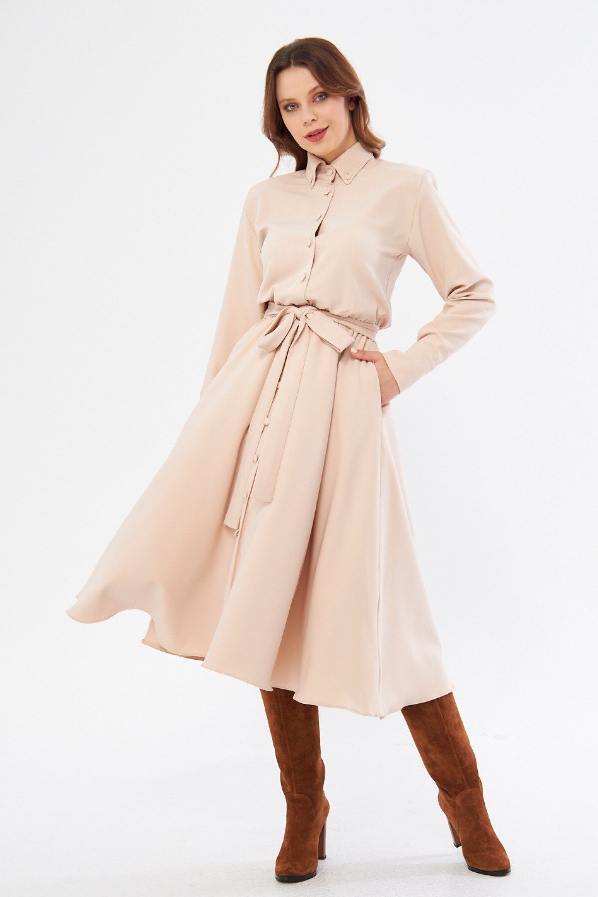 Long Sleeve Midi Shirt Dress, Belted Elastic Waist - Cream - Bidoluelbise