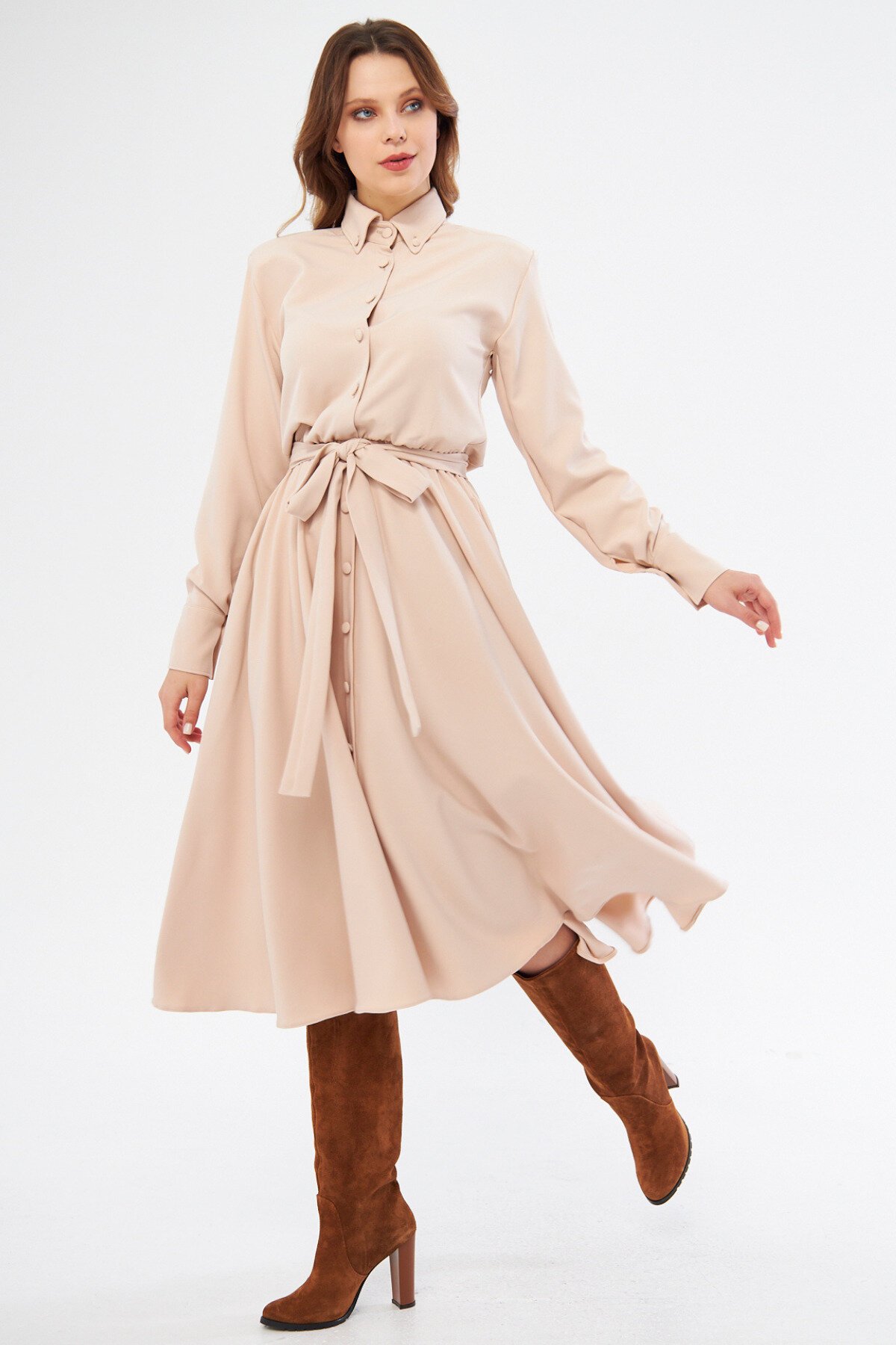 Long Sleeve Midi Shirt Dress, Belted Elastic Waist - Cream - Bidoluelbise
