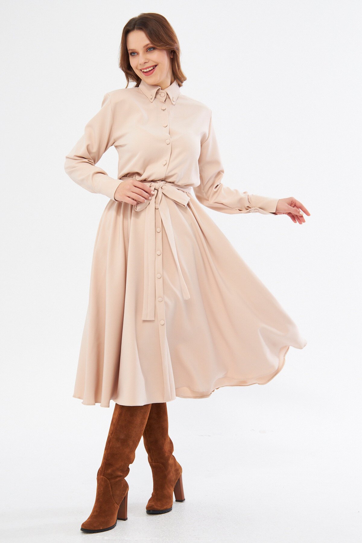 Long Sleeve Midi Shirt Dress, Belted Elastic Waist - Cream - Bidoluelbise