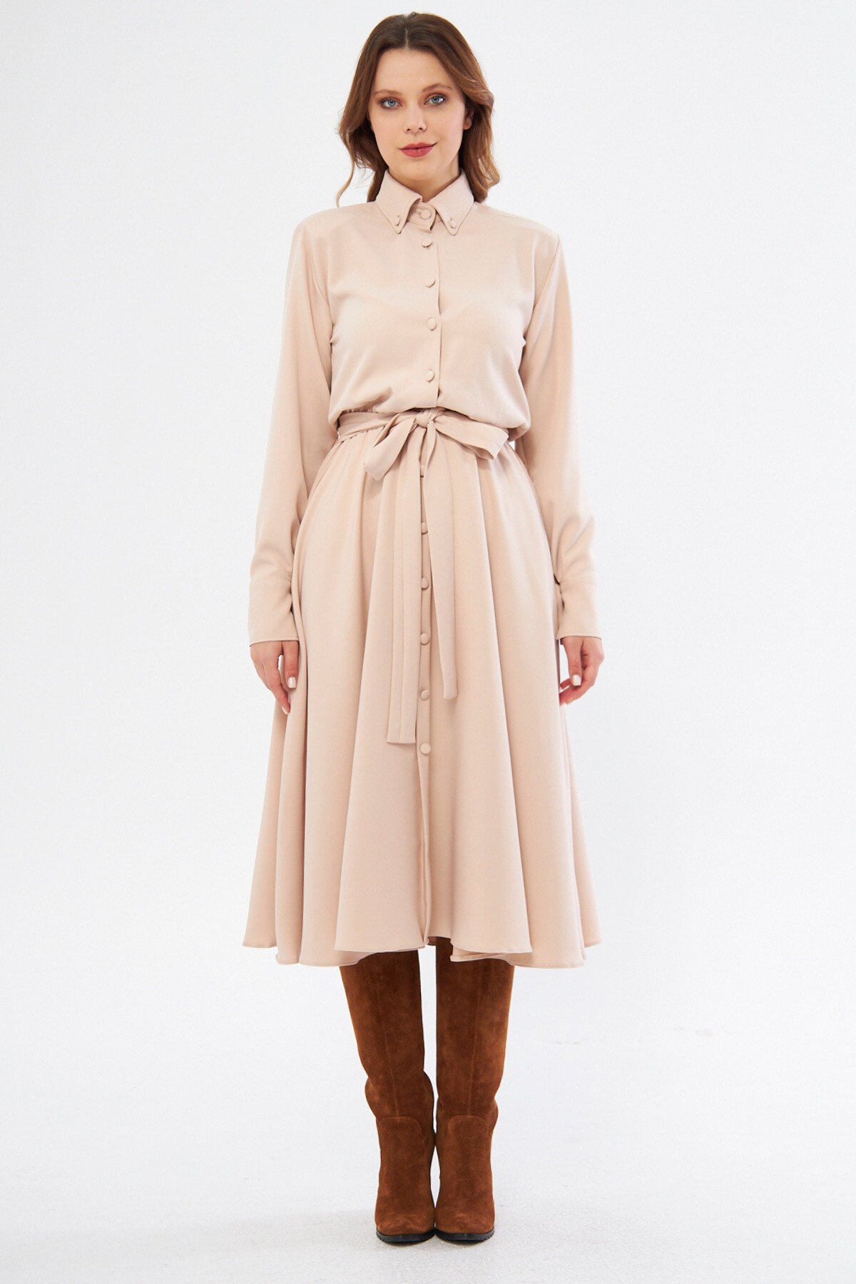 Long Sleeve Midi Shirt Dress, Belted Elastic Waist - Cream - Bidoluelbise