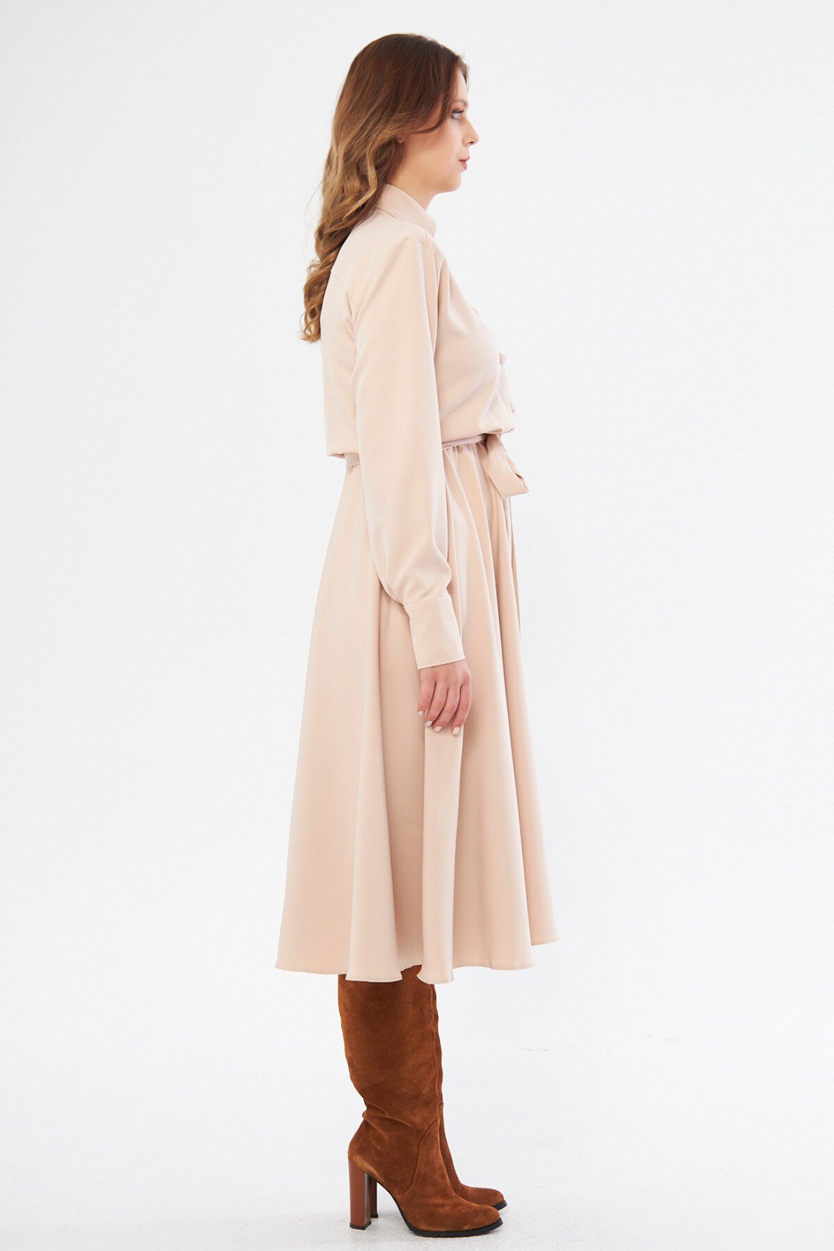 Long Sleeve Midi Shirt Dress, Belted Elastic Waist - Cream - Bidoluelbise