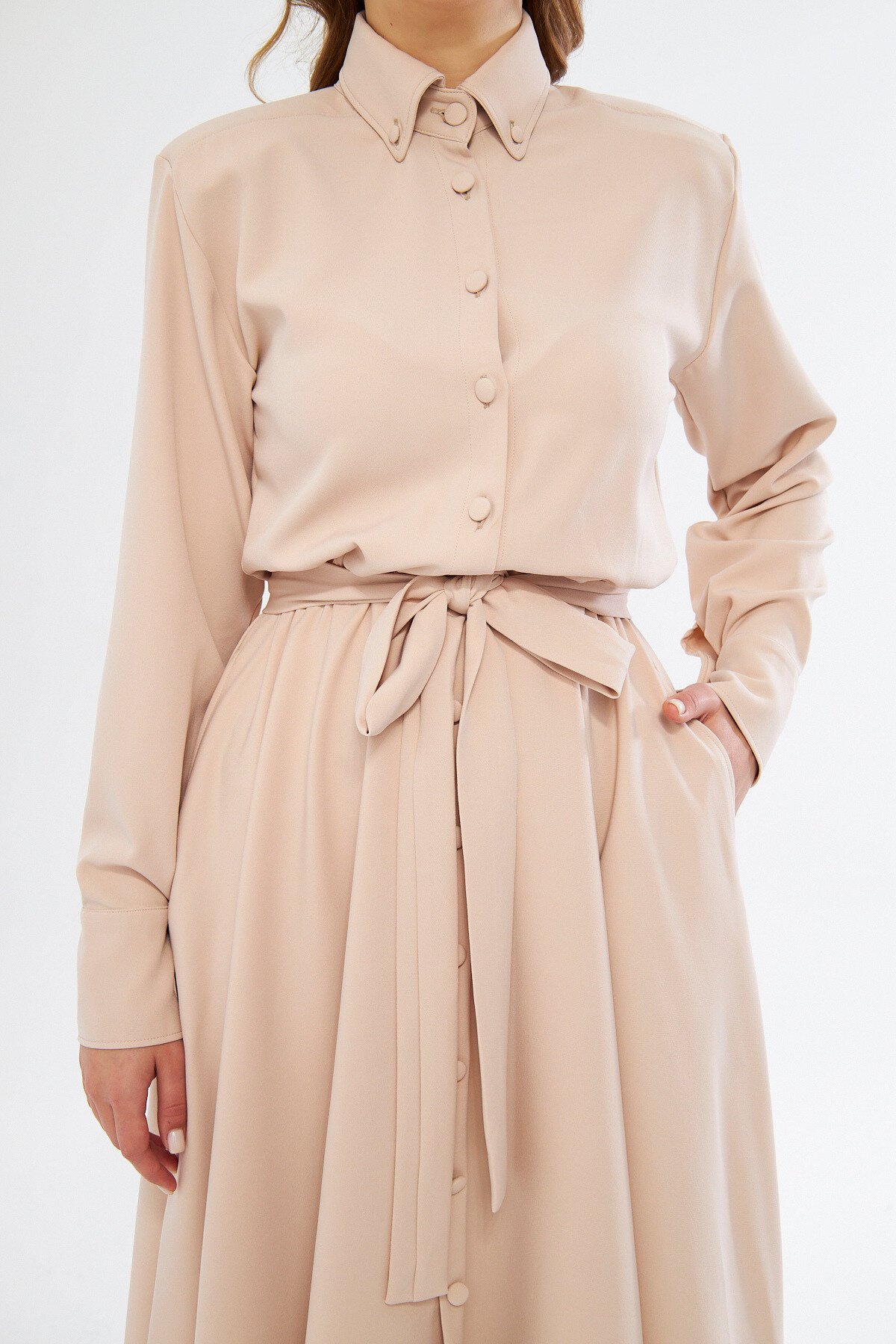Long Sleeve Midi Shirt Dress, Belted Elastic Waist - Cream - Bidoluelbise