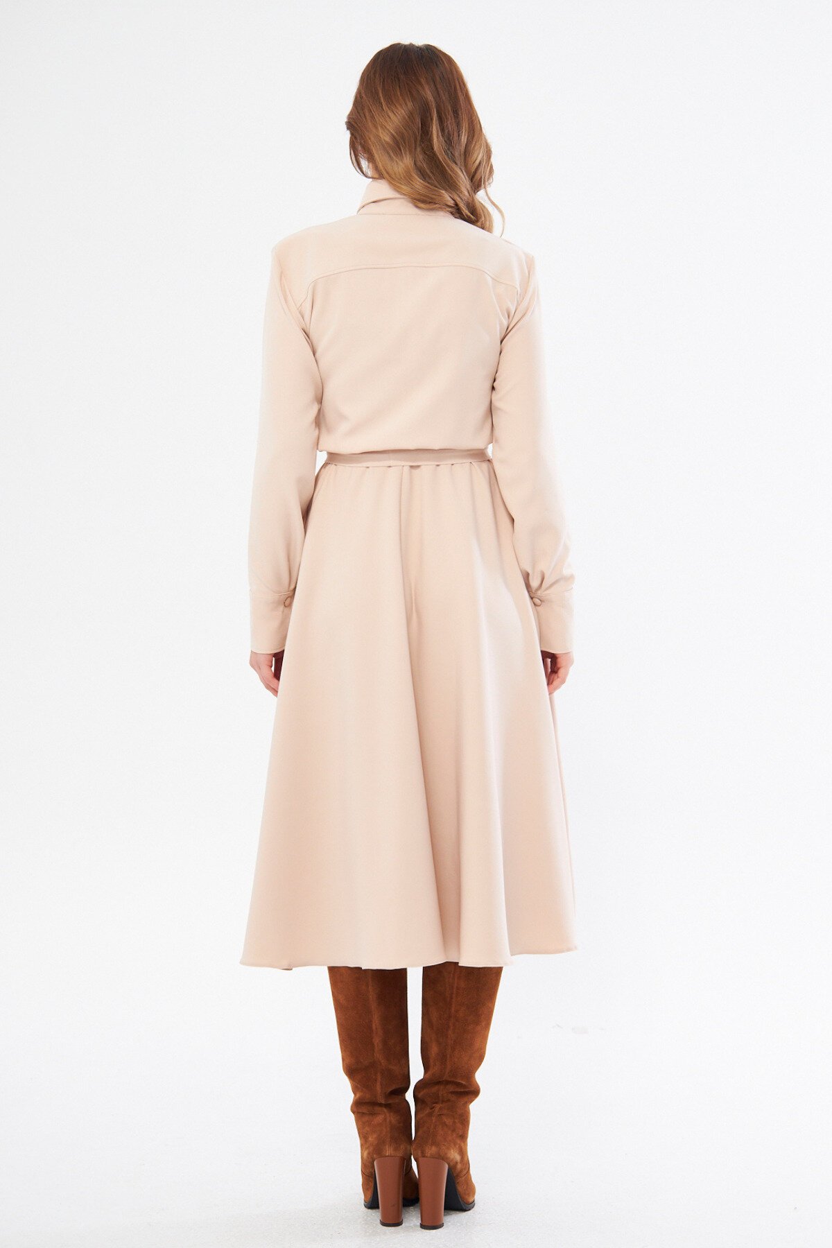 Long Sleeve Midi Shirt Dress, Belted Elastic Waist - Cream - Bidoluelbise