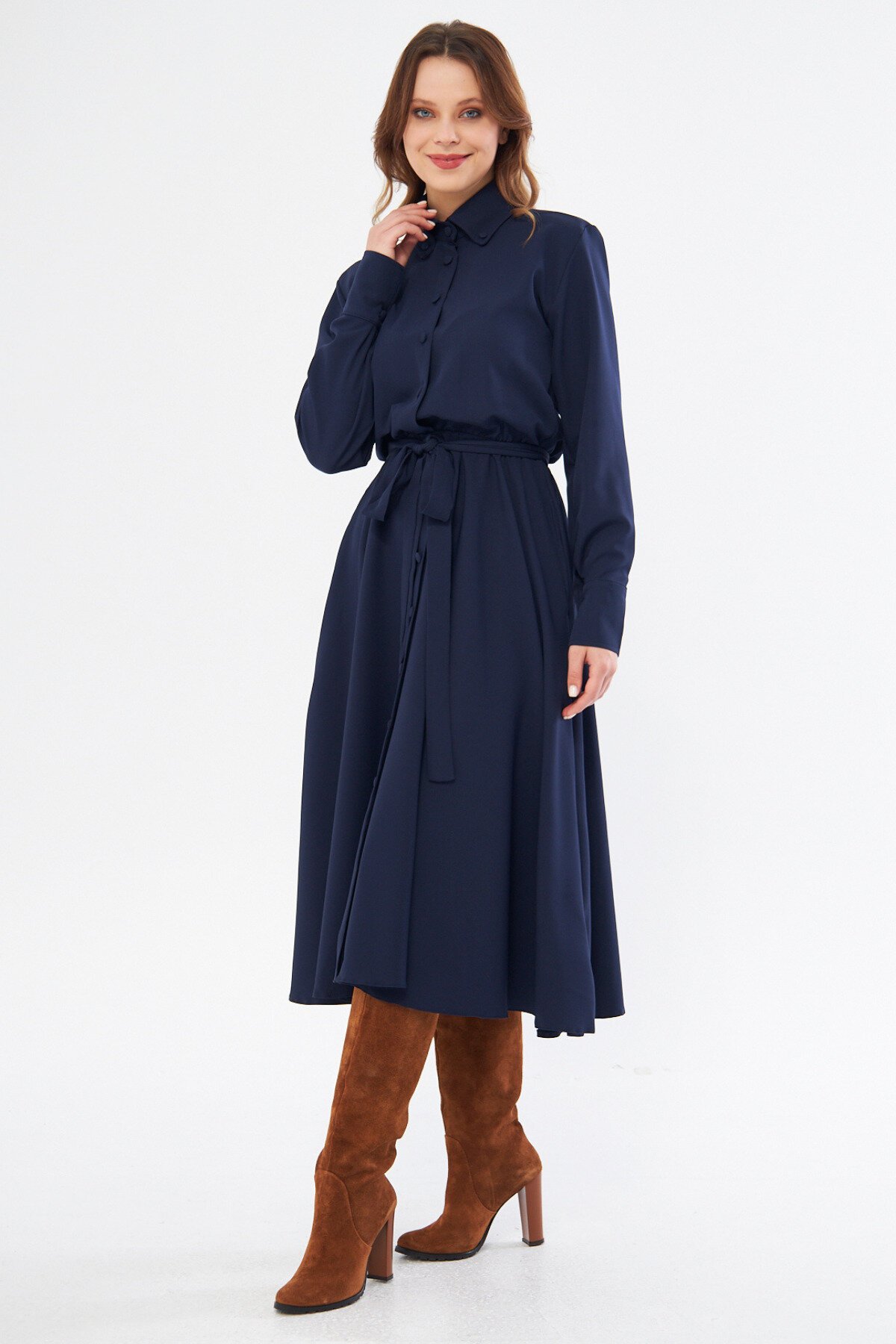 Midi Shirt Long Sleeve Belted Dress - Navy Blue - Bidoluelbise