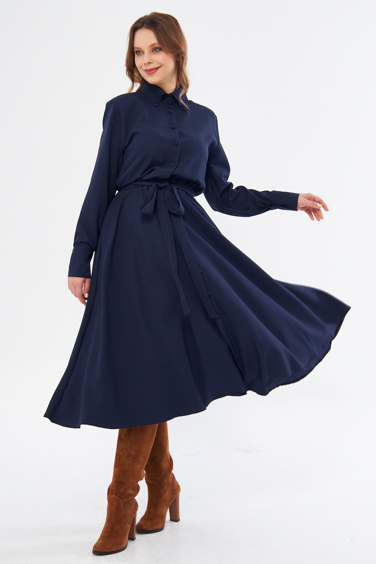 Midi Shirt Long Sleeve Belted Dress - Navy Blue - Bidoluelbise