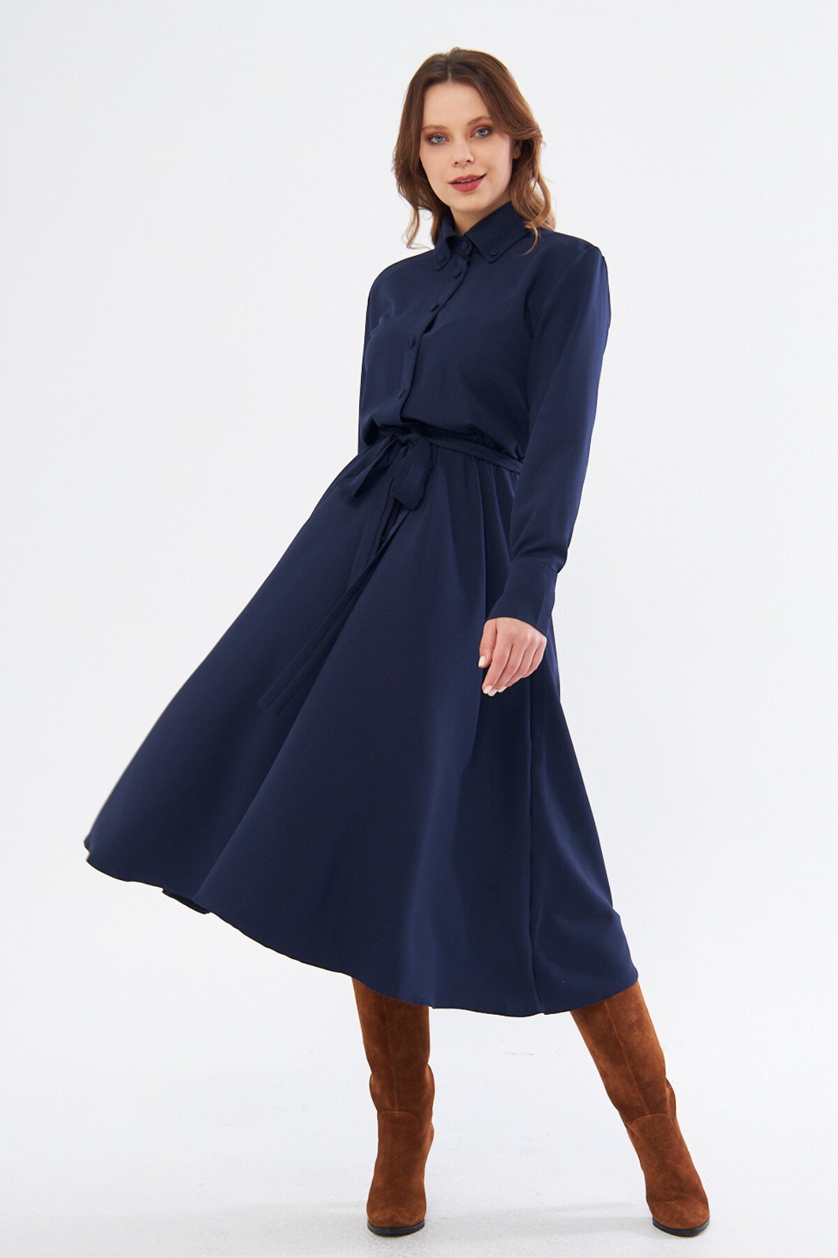 Midi Shirt Long Sleeve Belted Dress - Navy Blue - Bidoluelbise