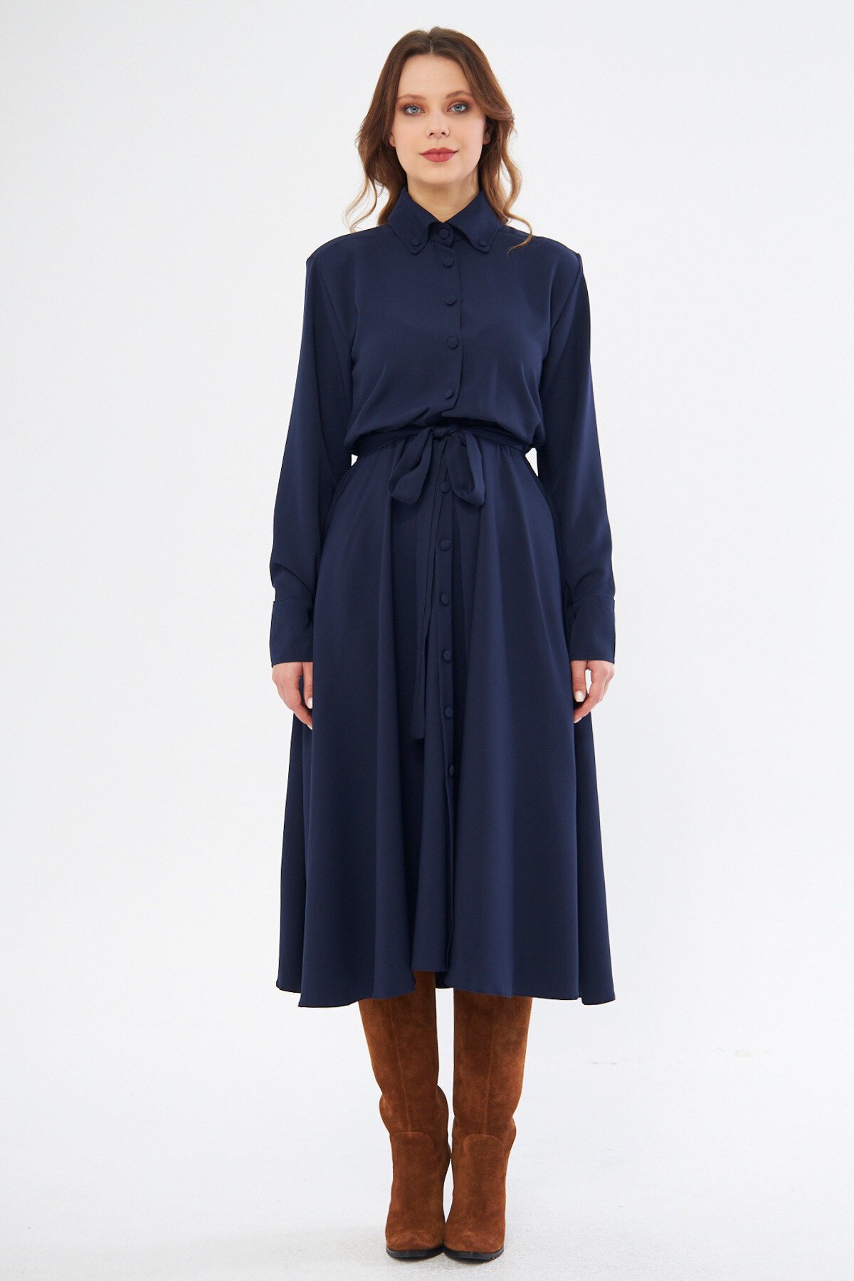 Midi Shirt Long Sleeve Belted Dress - Navy Blue - Bidoluelbise