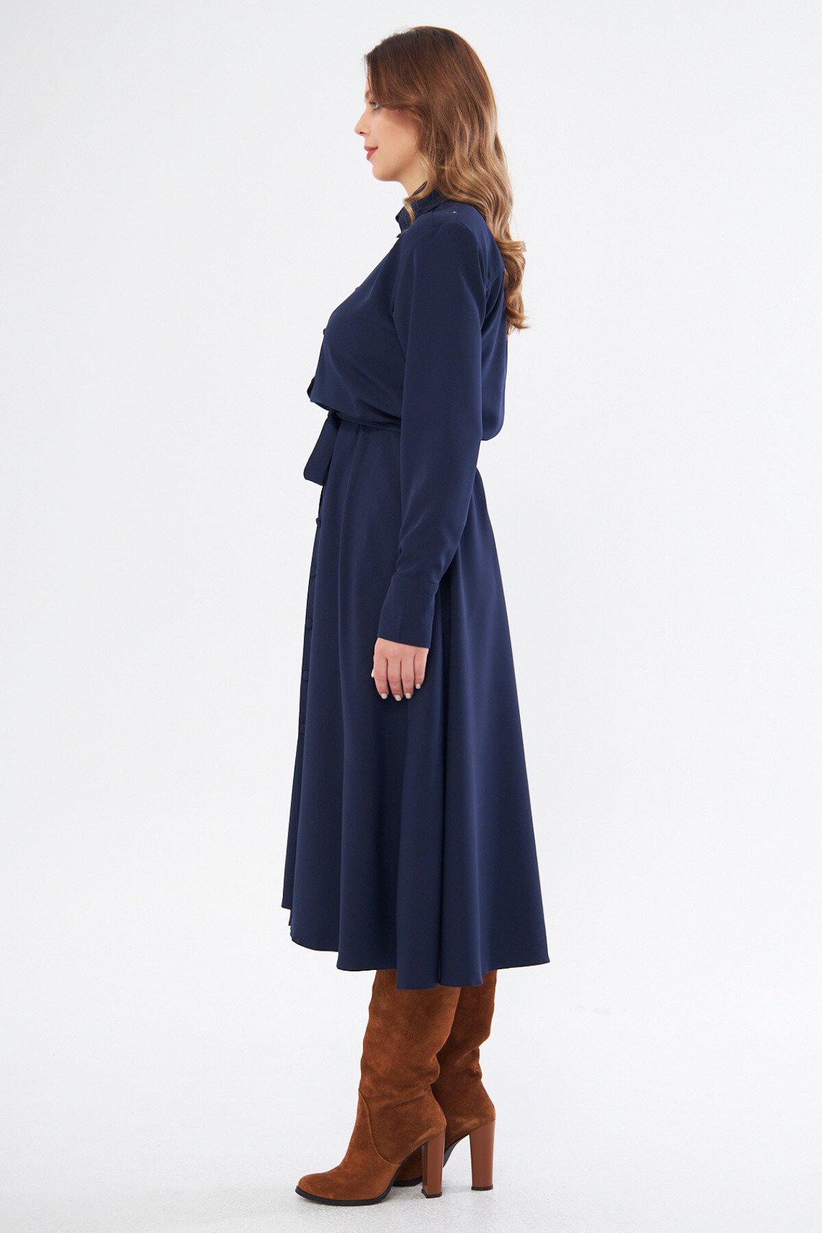 Midi Shirt Long Sleeve Belted Dress - Navy Blue - Bidoluelbise