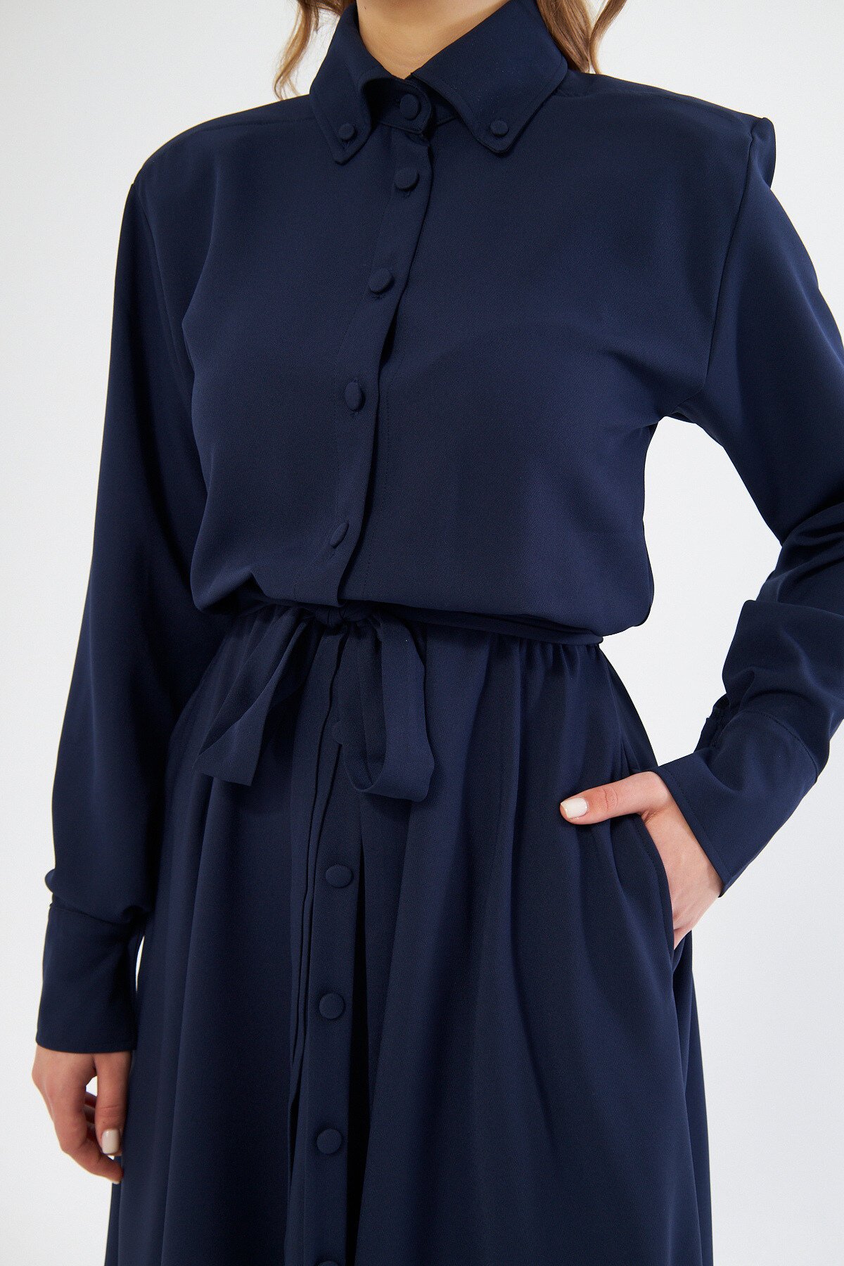 Midi Shirt Long Sleeve Belted Dress - Navy Blue - Bidoluelbise