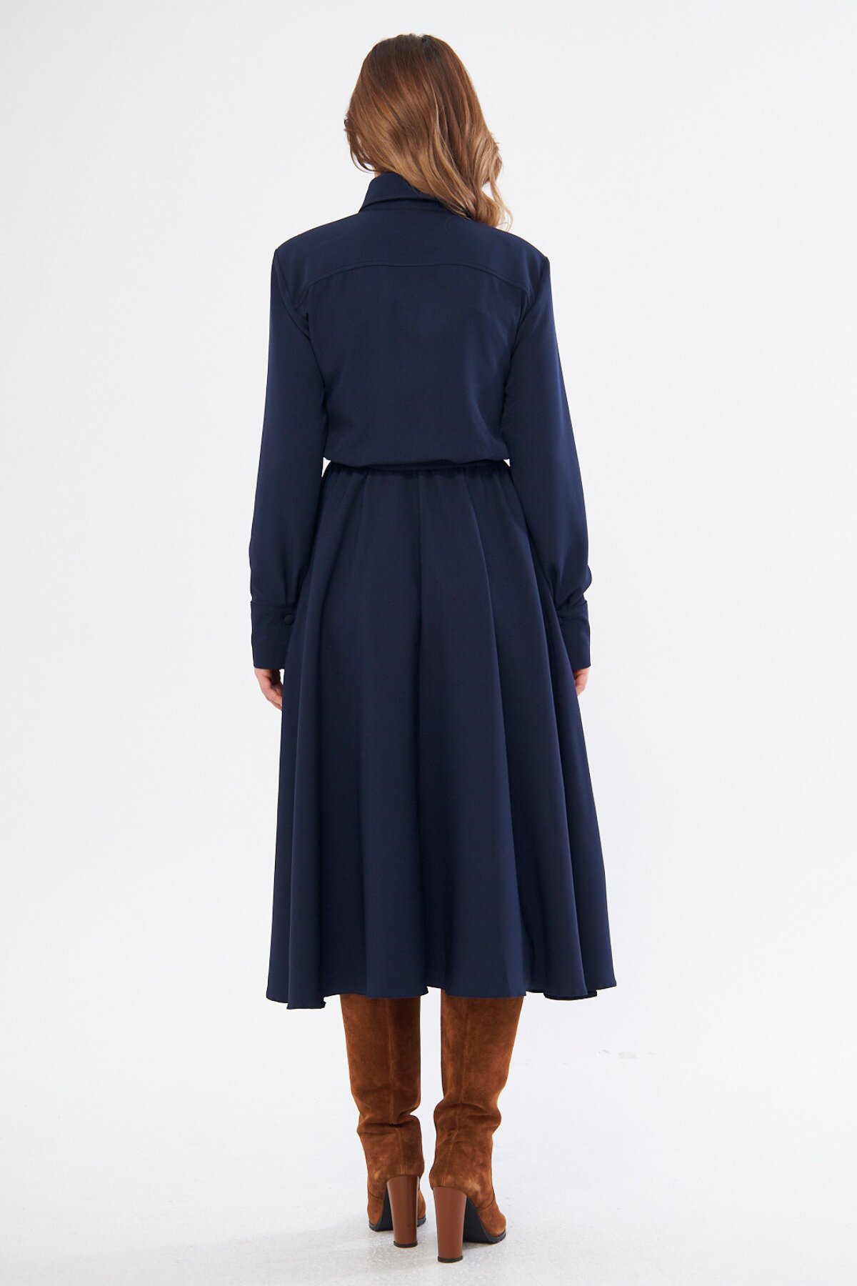 Midi Shirt Long Sleeve Belted Dress - Navy Blue - Bidoluelbise