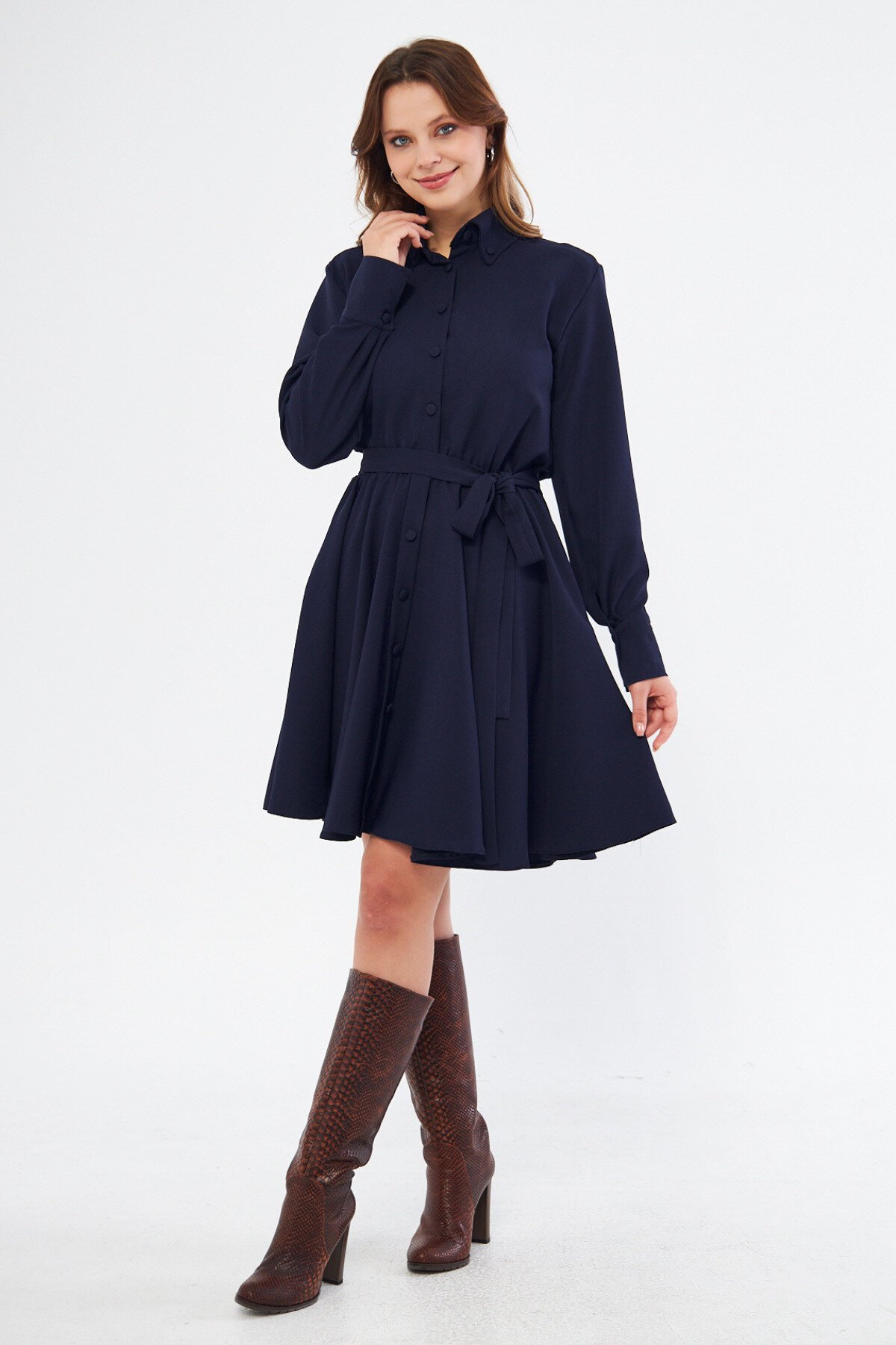 Mini Long-Sleeve Elastic-Waist Belted Shirt Dress - Navy Blue - Bidoluelbise