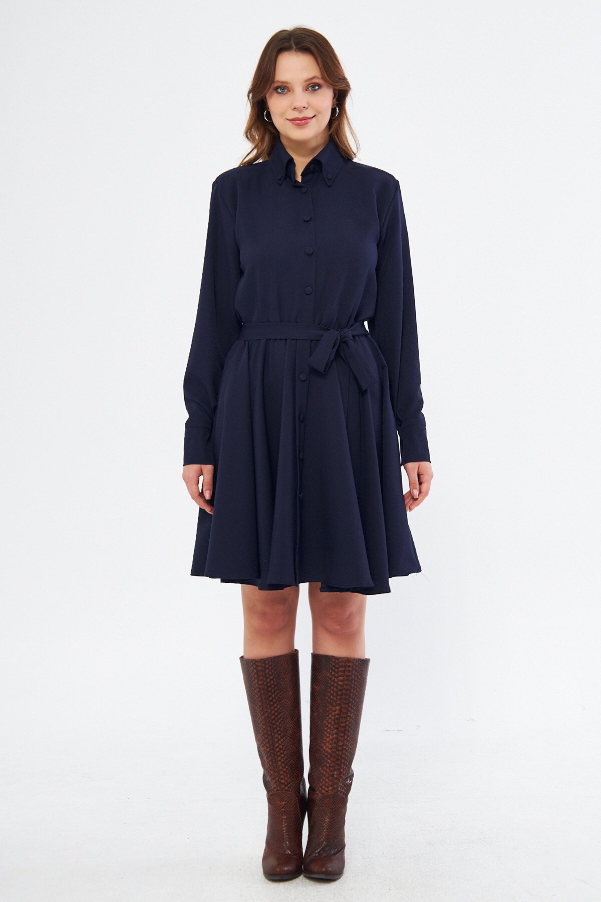Mini Long-Sleeve Elastic-Waist Belted Shirt Dress - Navy Blue - Bidoluelbise