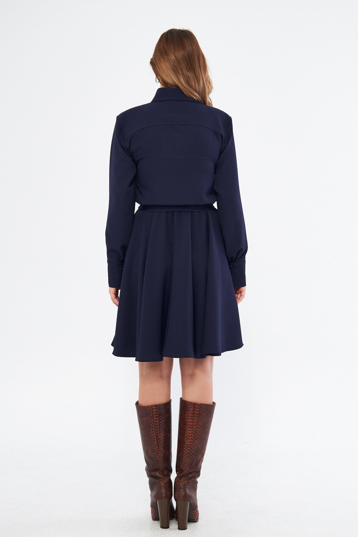 Mini Long-Sleeve Elastic-Waist Belted Shirt Dress - Navy Blue - Bidoluelbise
