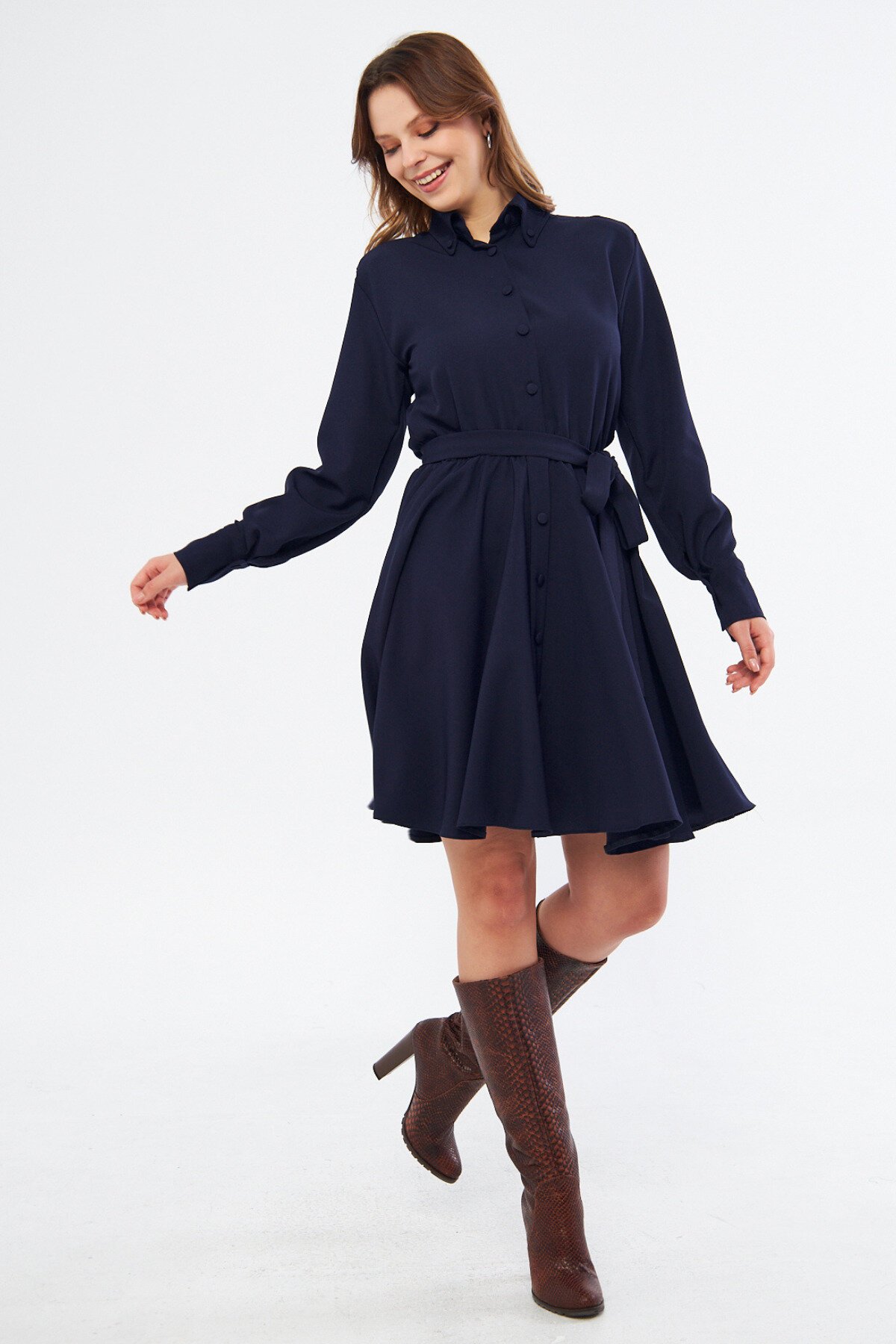 Mini Long-Sleeve Elastic-Waist Belted Shirt Dress - Navy Blue - Bidoluelbise