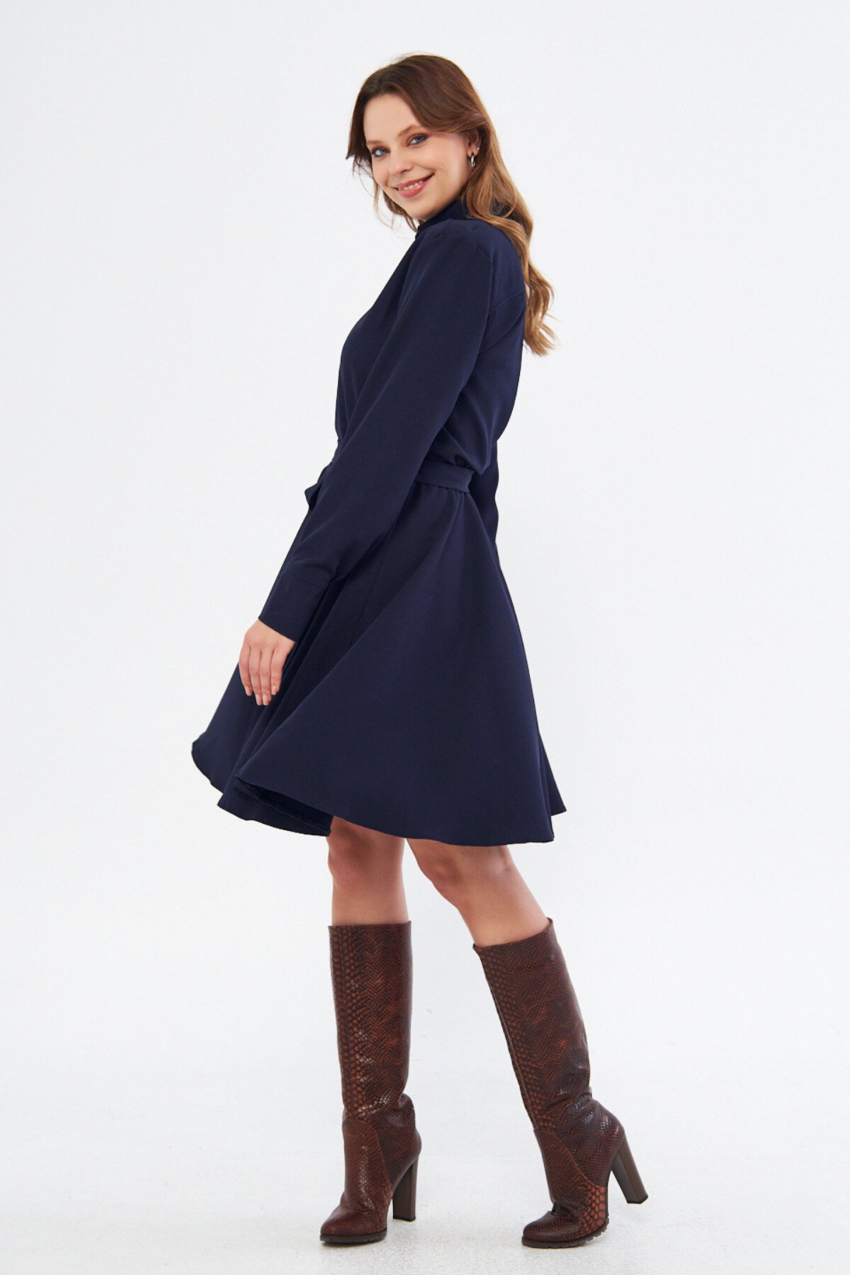 Mini Long-Sleeve Elastic-Waist Belted Shirt Dress - Navy Blue - Bidoluelbise