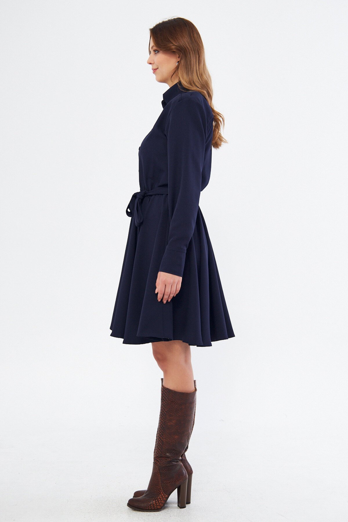 Mini Long-Sleeve Elastic-Waist Belted Shirt Dress - Navy Blue - Bidoluelbise
