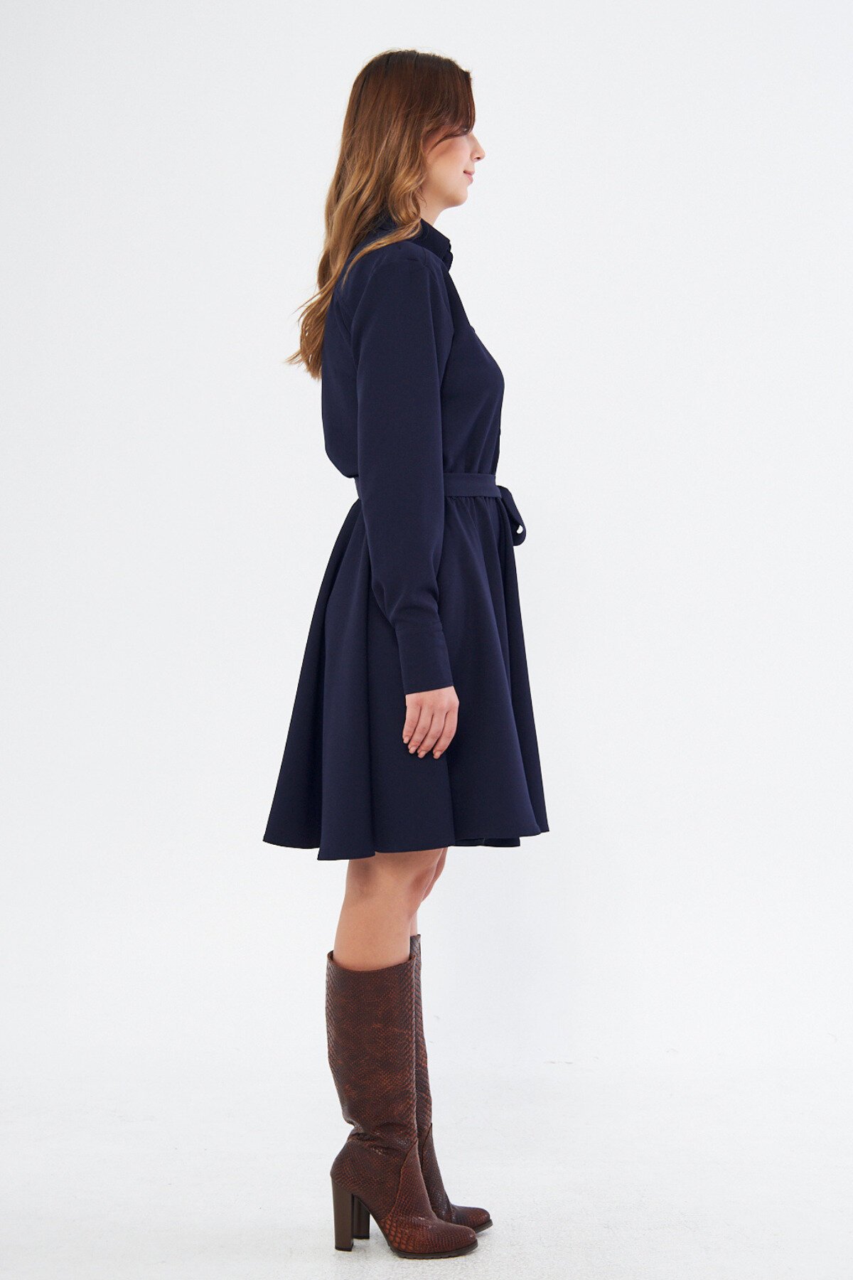 Mini Long-Sleeve Elastic-Waist Belted Shirt Dress - Navy Blue - Bidoluelbise