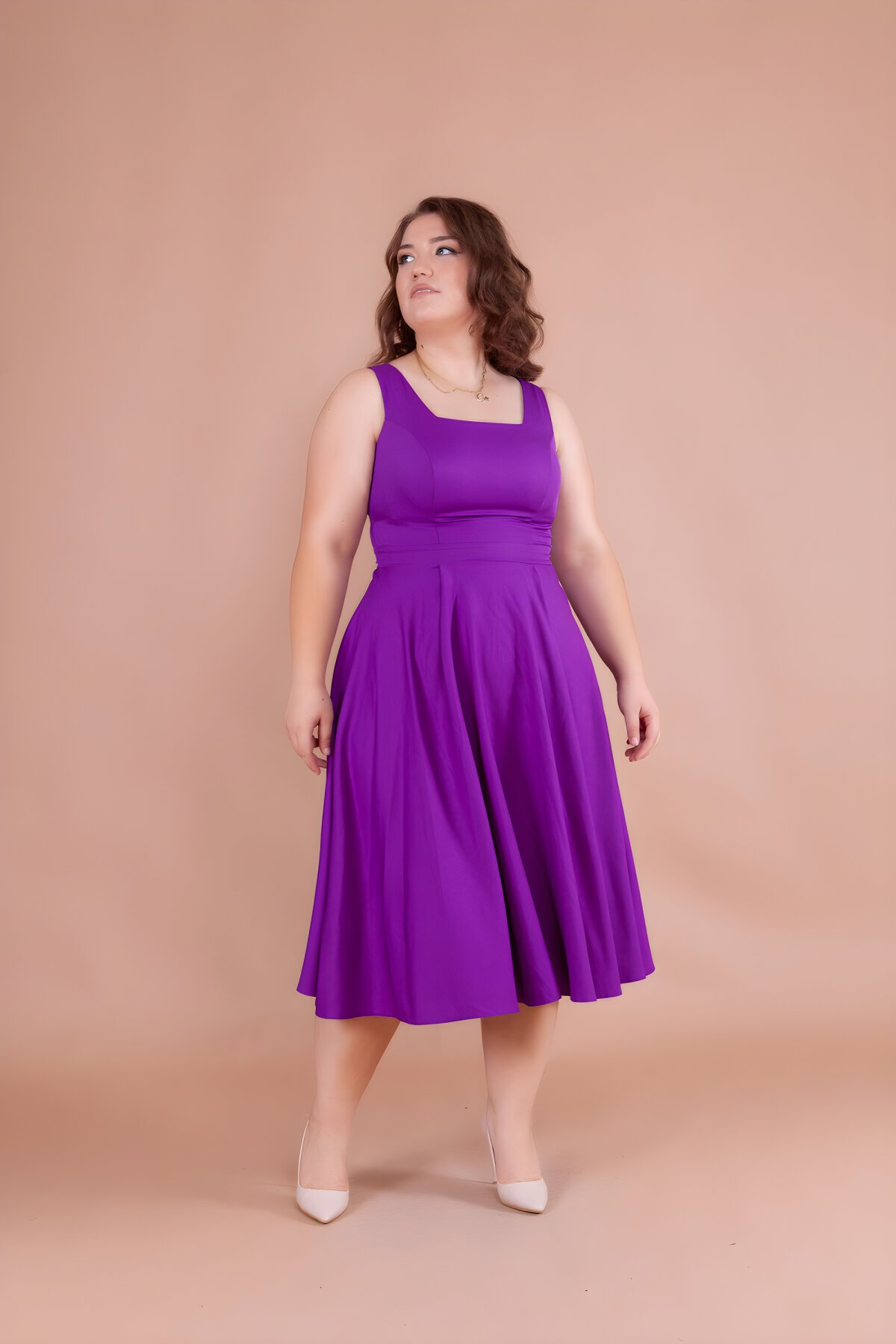 Mor Midi Büyük Beden Kare Yaka Elbise - Bidoluelbise