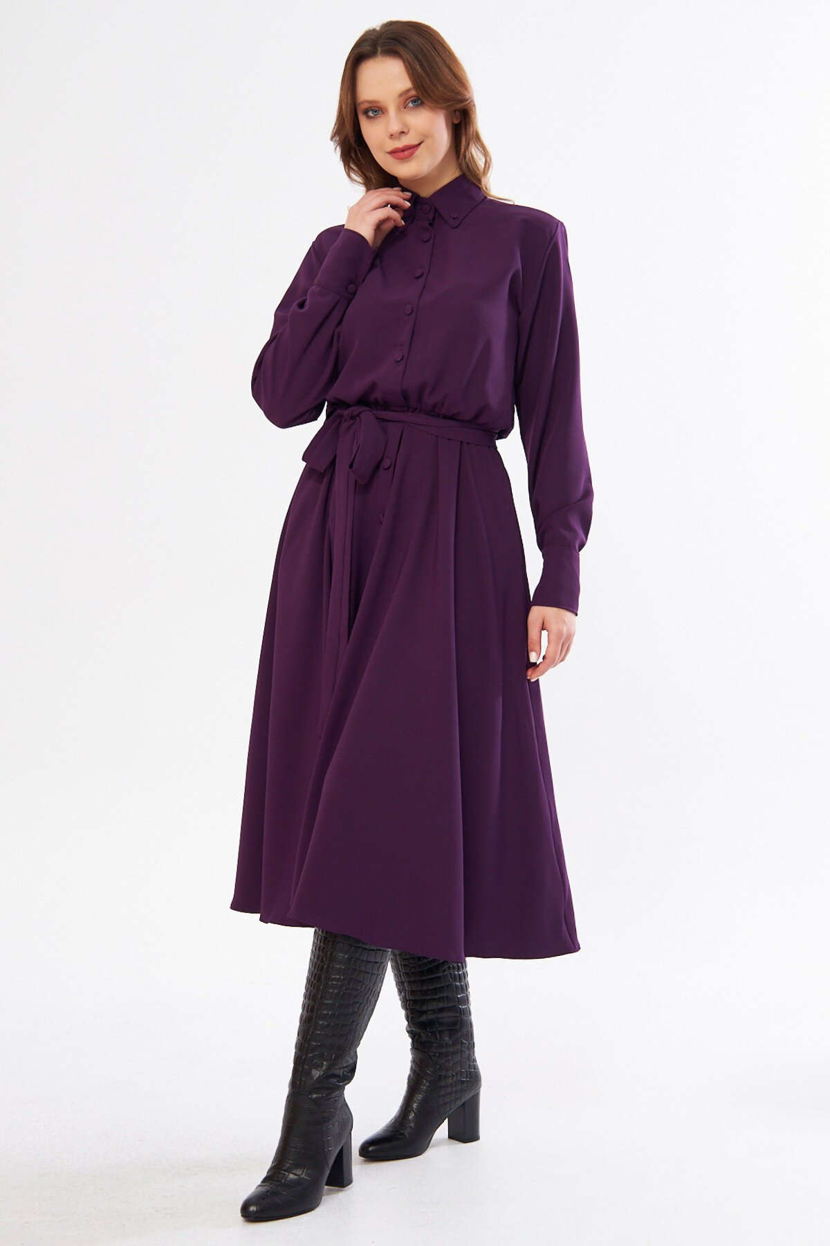 Midi Long-Sleeve Belted Shirt Dress - Plum - Bidoluelbise