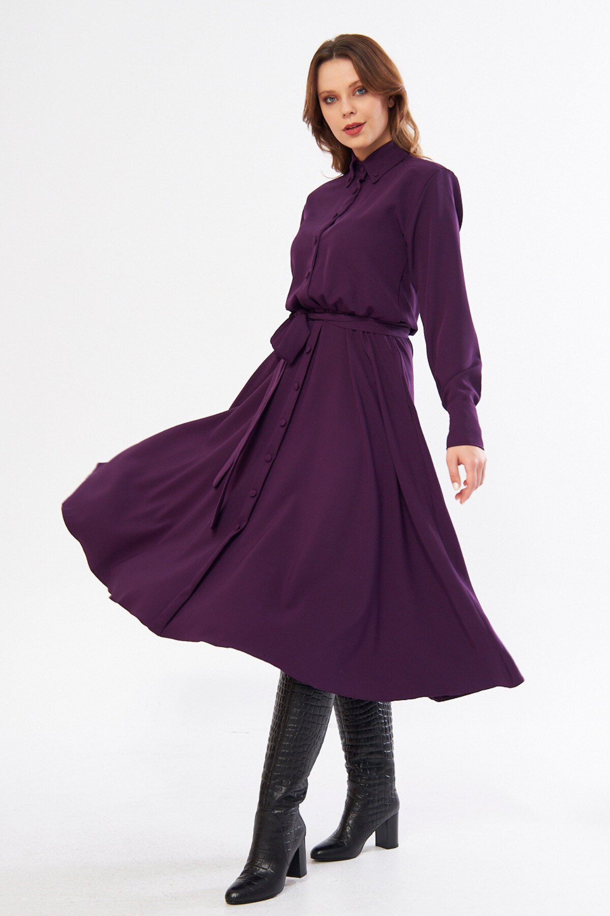Midi Long-Sleeve Belted Shirt Dress - Plum - Bidoluelbise