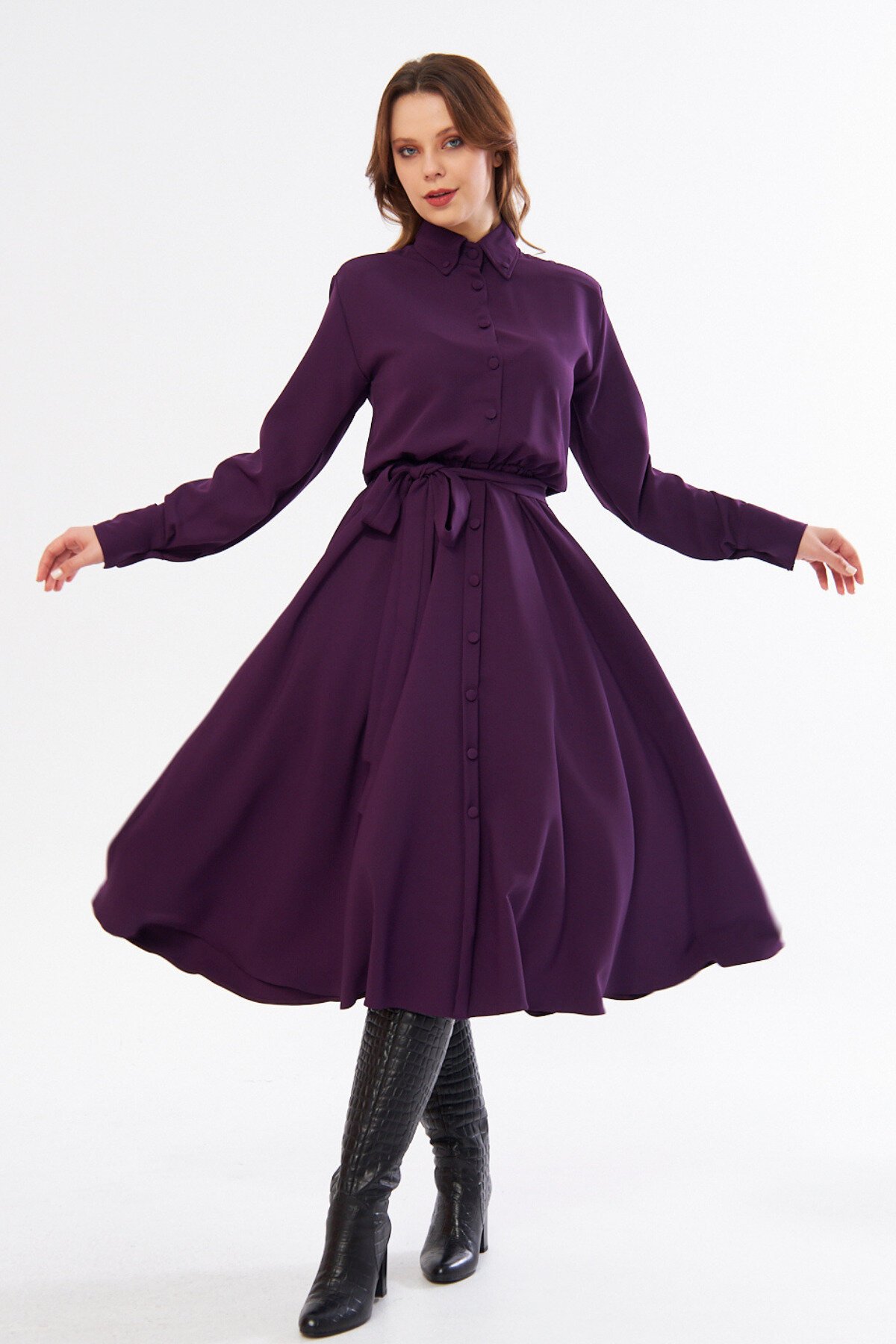 Midi Long-Sleeve Belted Shirt Dress - Plum - Bidoluelbise