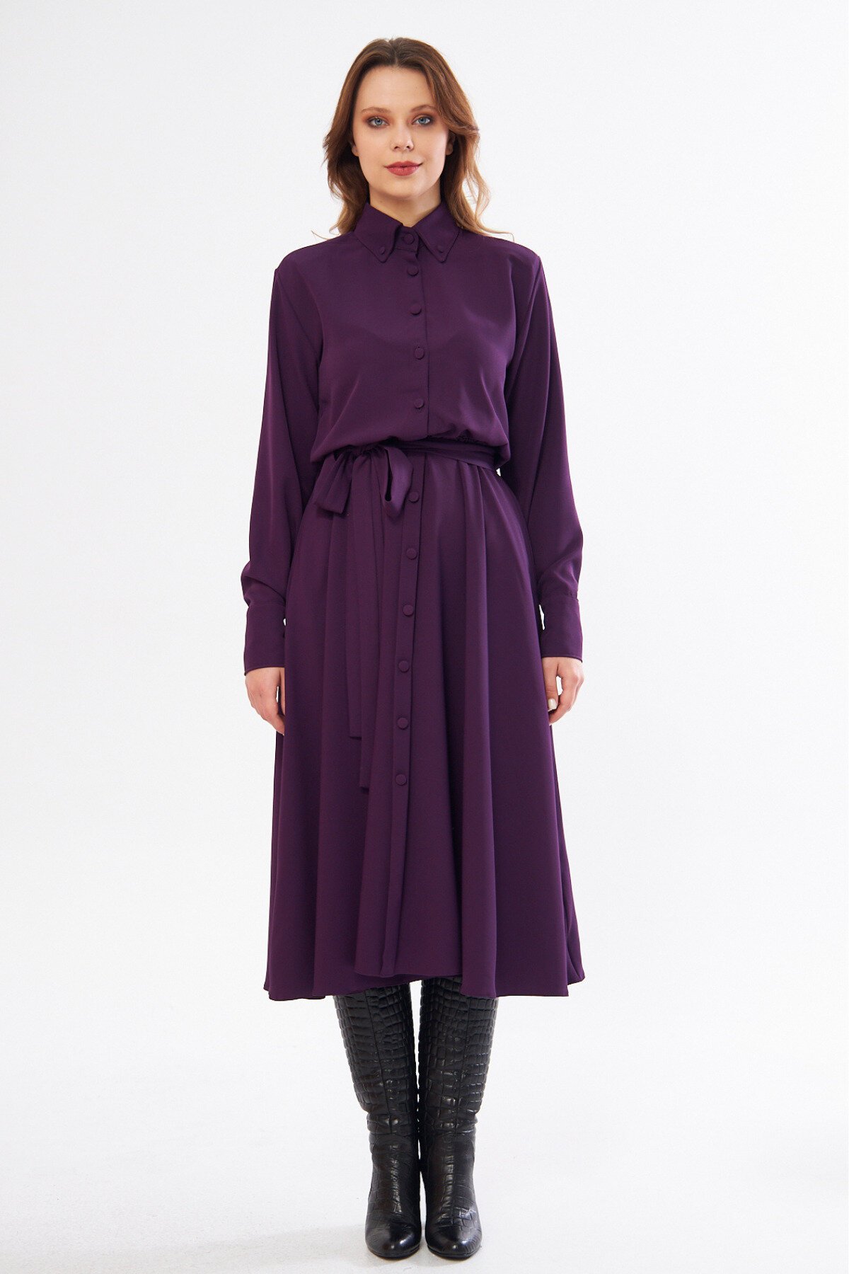 Midi Long-Sleeve Belted Shirt Dress - Plum - Bidoluelbise