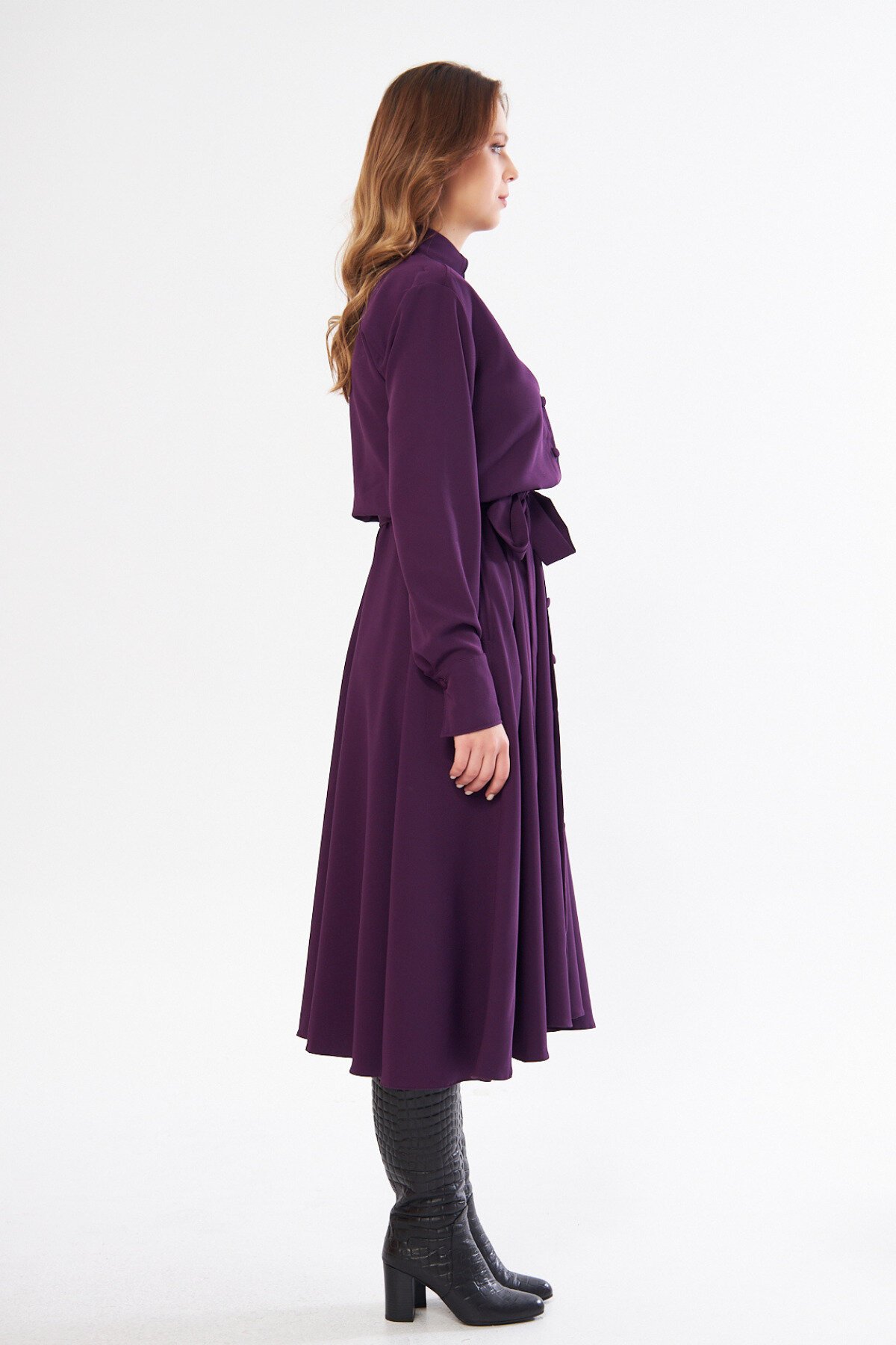 Midi Long-Sleeve Belted Shirt Dress - Plum - Bidoluelbise