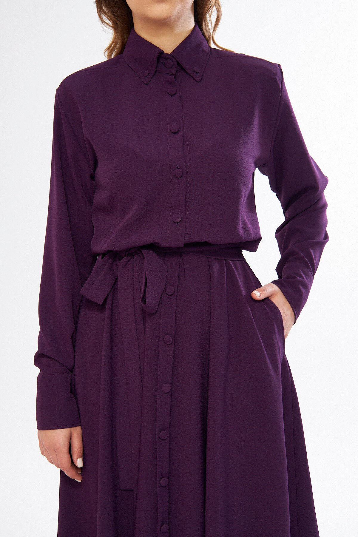 Midi Long-Sleeve Belted Shirt Dress - Plum - Bidoluelbise