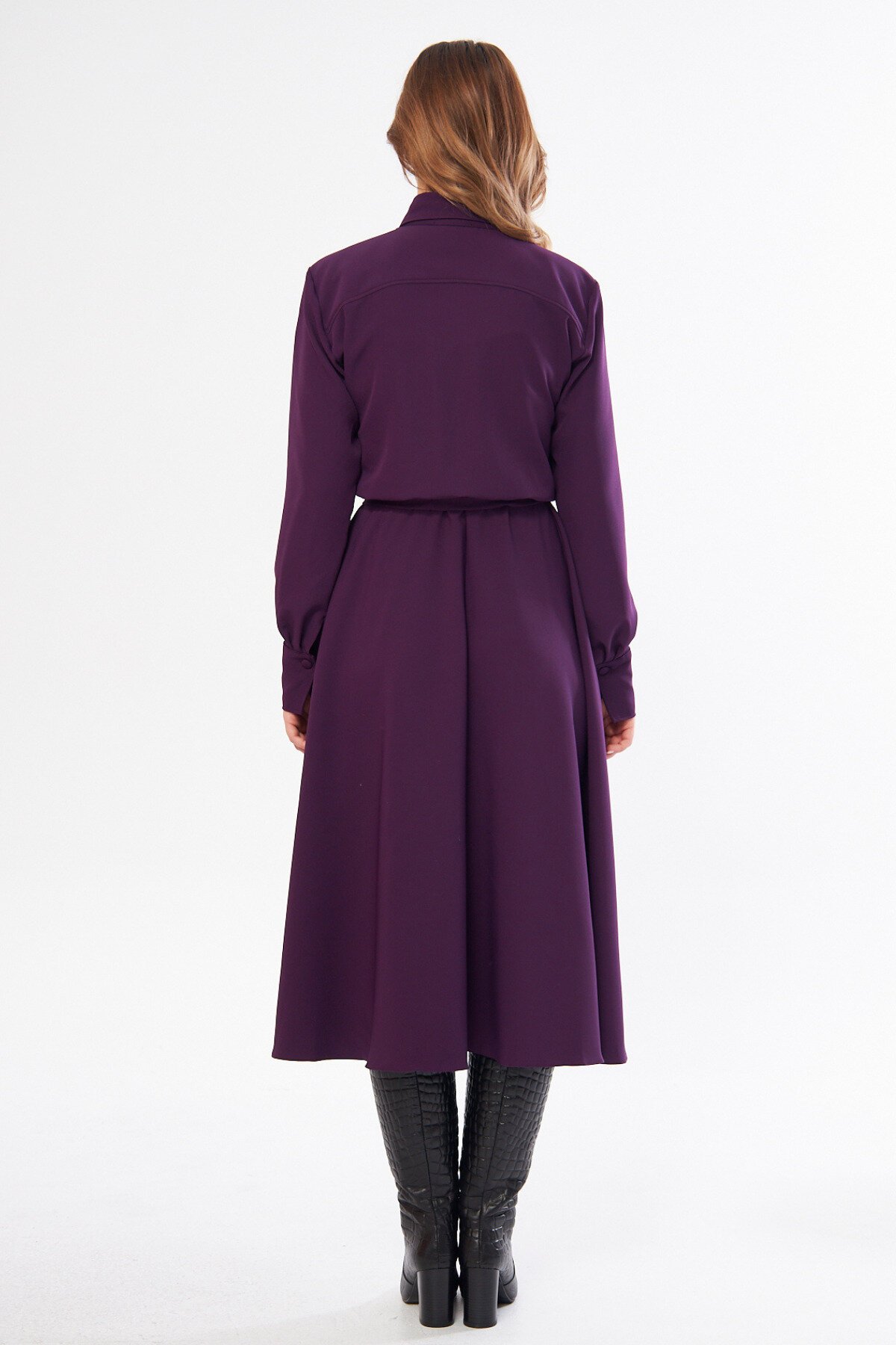 Midi Long-Sleeve Belted Shirt Dress - Plum - Bidoluelbise