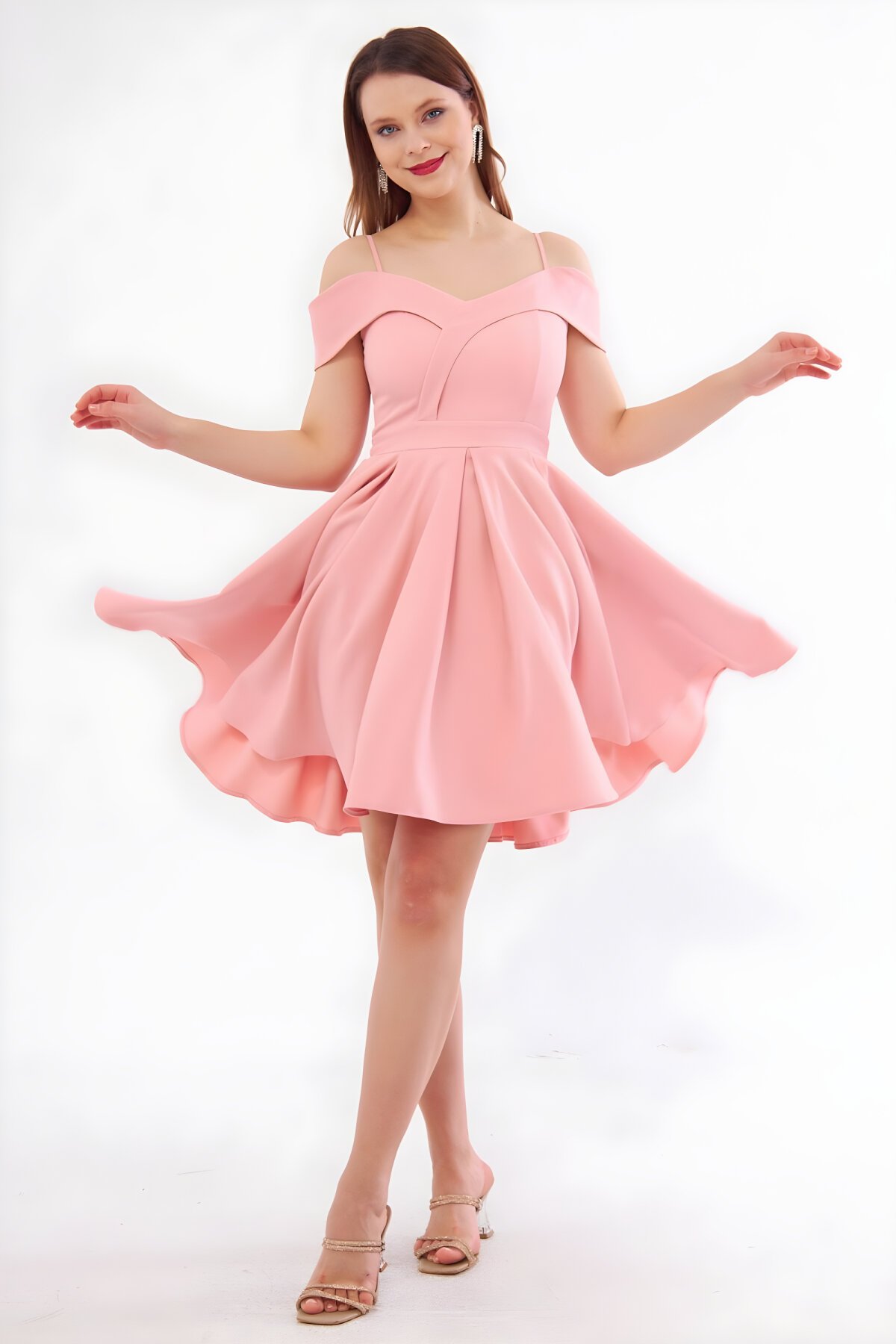 Pudra Mini Kloş Kayık Yaka Abiye Elbise - Bidoluelbise