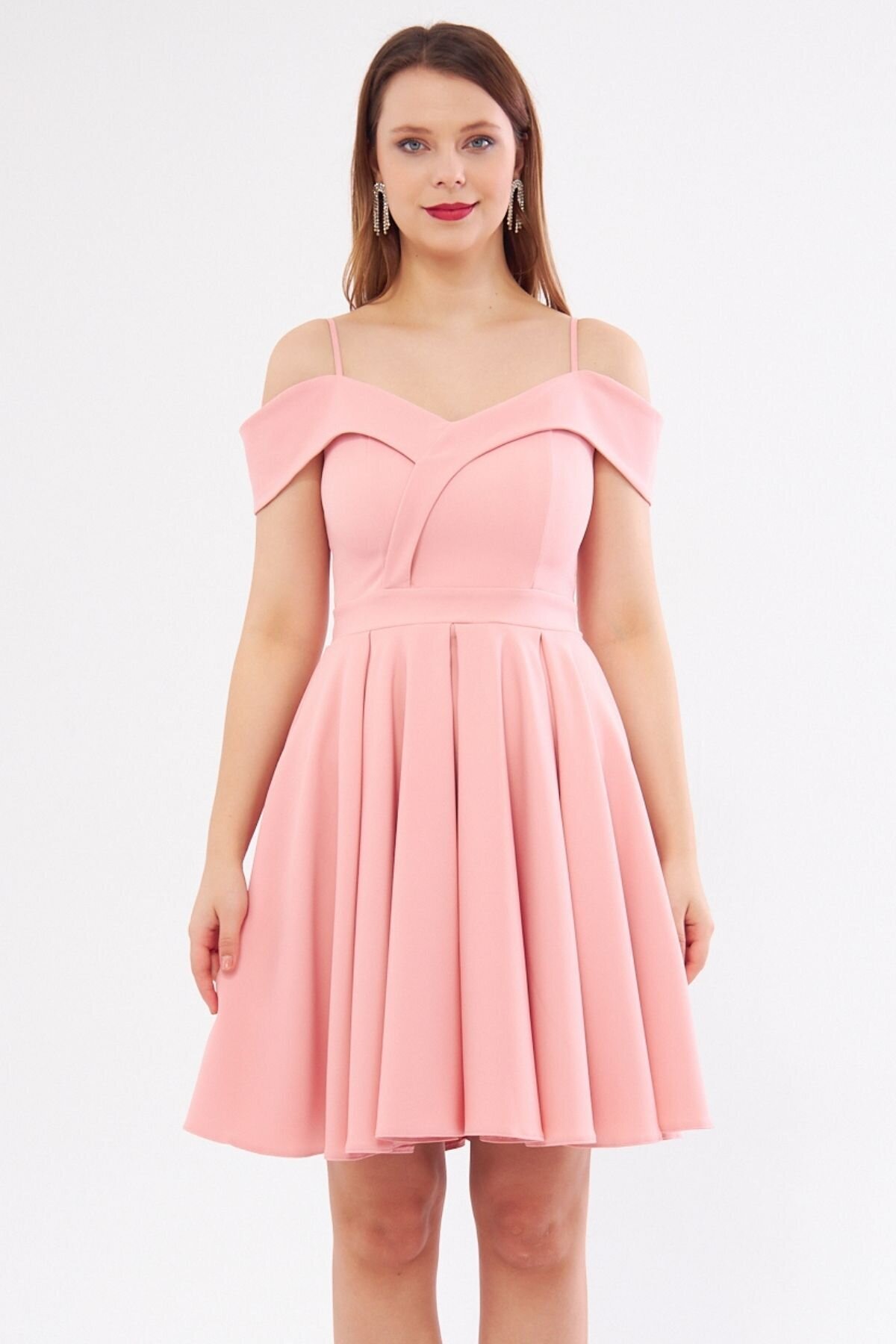 Mini Flared Boat Neck Evening Dress - Powder Pink - Bidoluelbise
