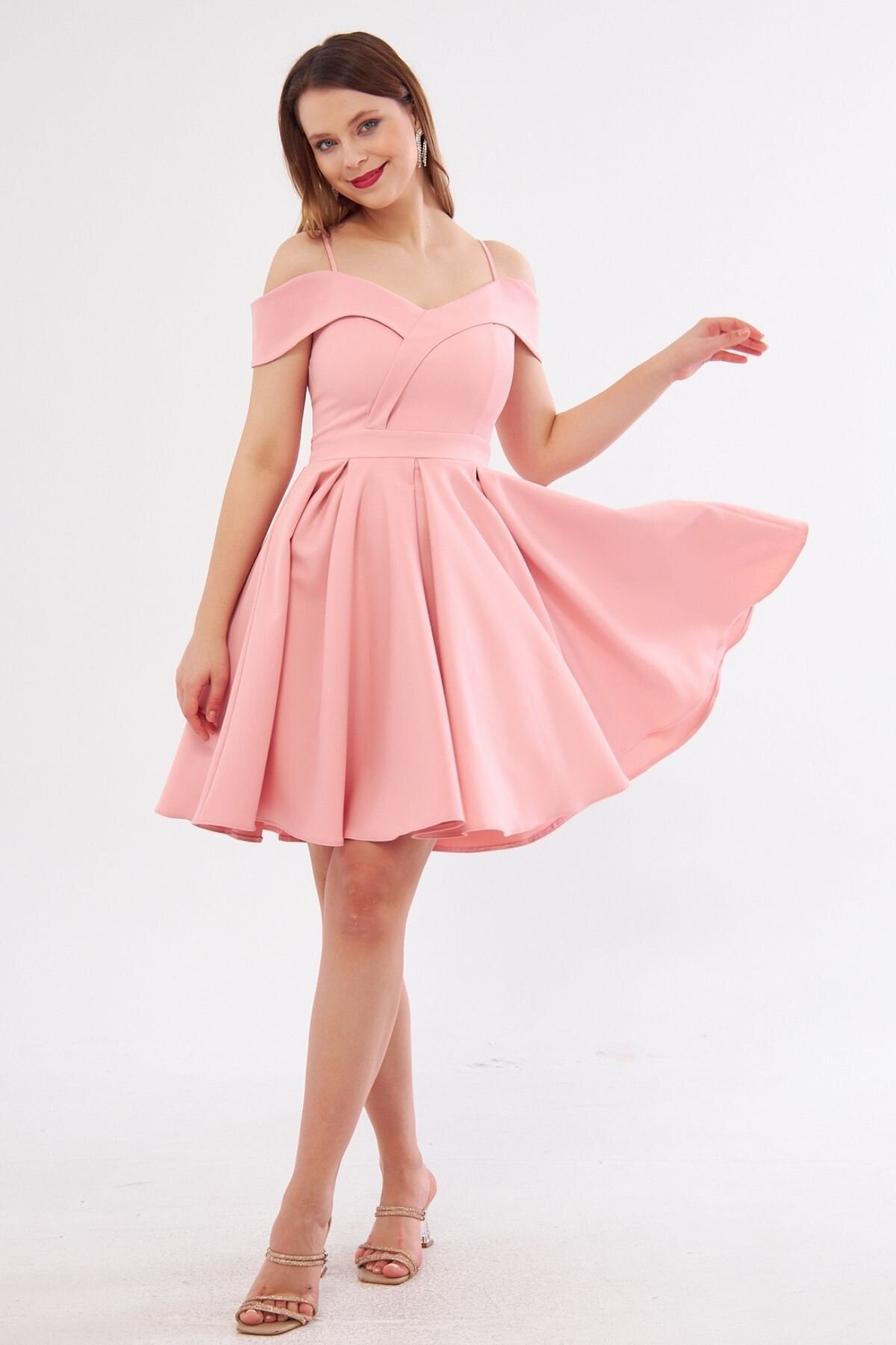 Mini Flared Boat Neck Evening Dress - Powder Pink - Bidoluelbise