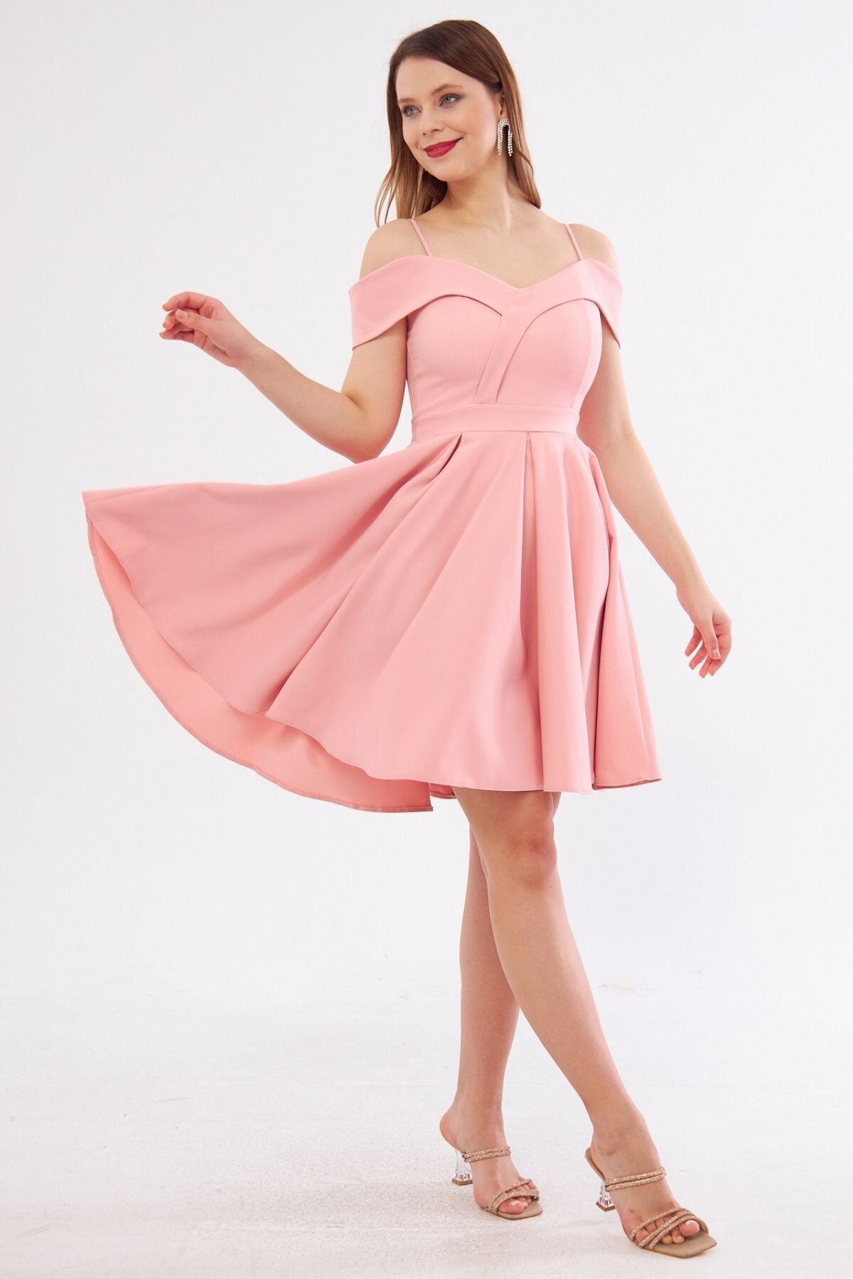 Mini Flared Boat Neck Evening Dress - Powder Pink - Bidoluelbise