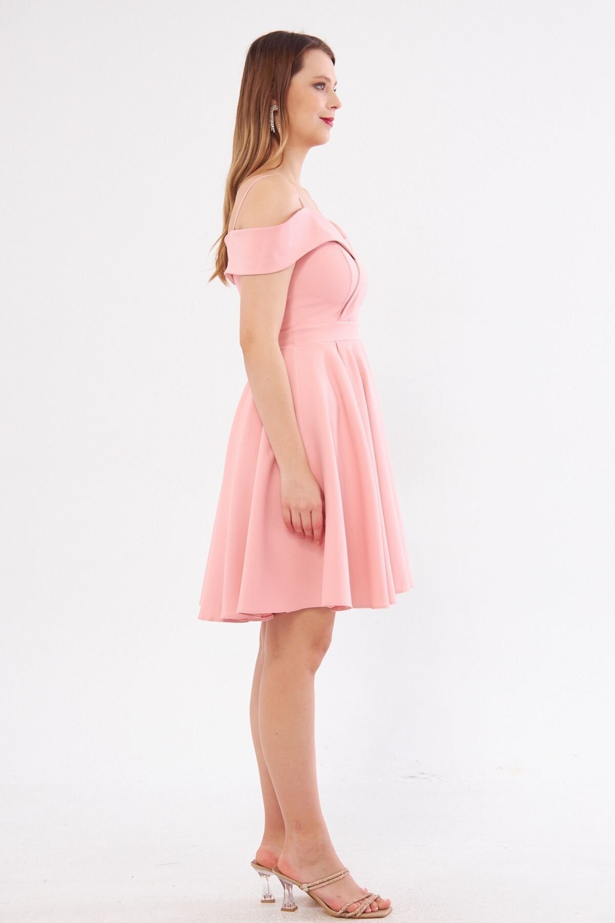 Mini Flared Boat Neck Evening Dress - Powder Pink - Bidoluelbise