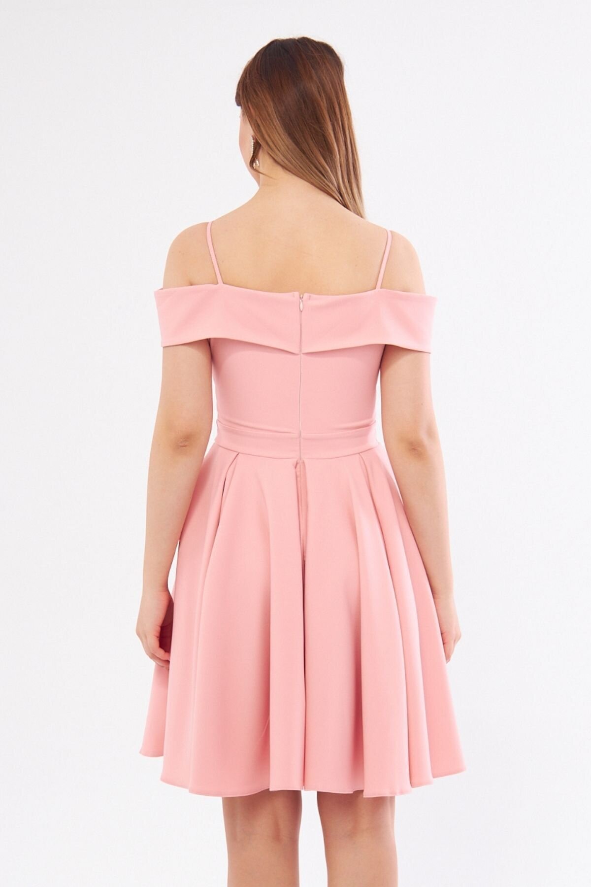 Mini Flared Boat Neck Evening Dress - Powder Pink - Bidoluelbise