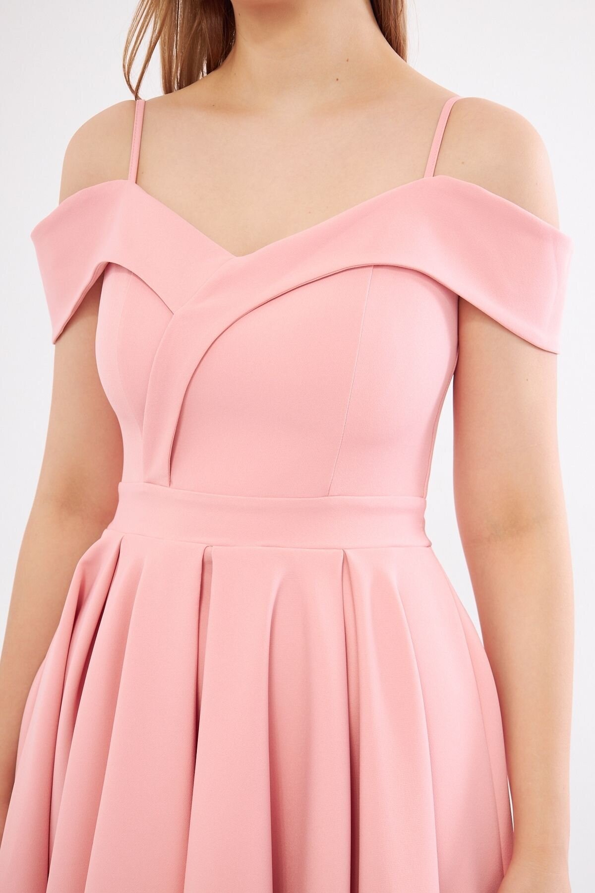 Mini Flared Boat Neck Evening Dress - Powder Pink - Bidoluelbise