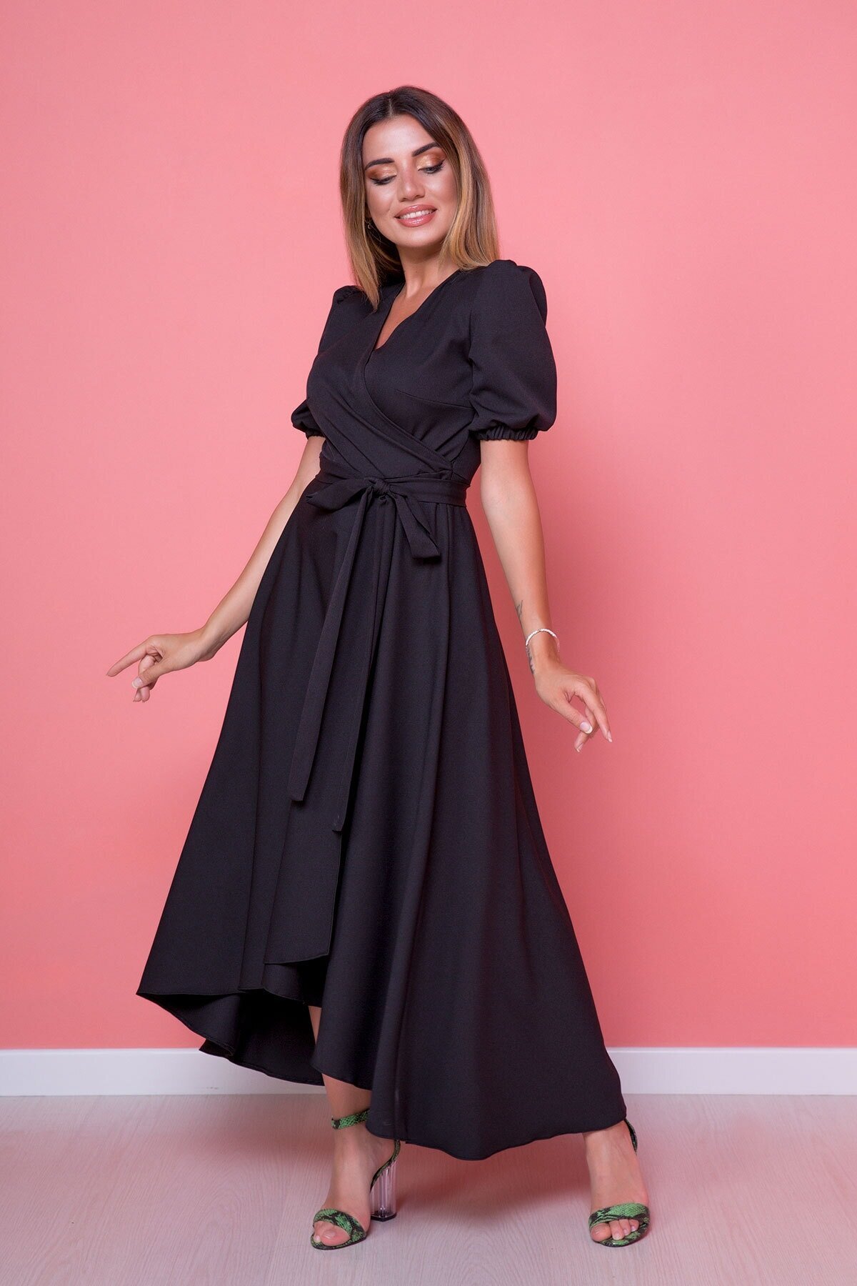 Midi Asymmetric Wrap Neck Dress - Black - Bidoluelbise