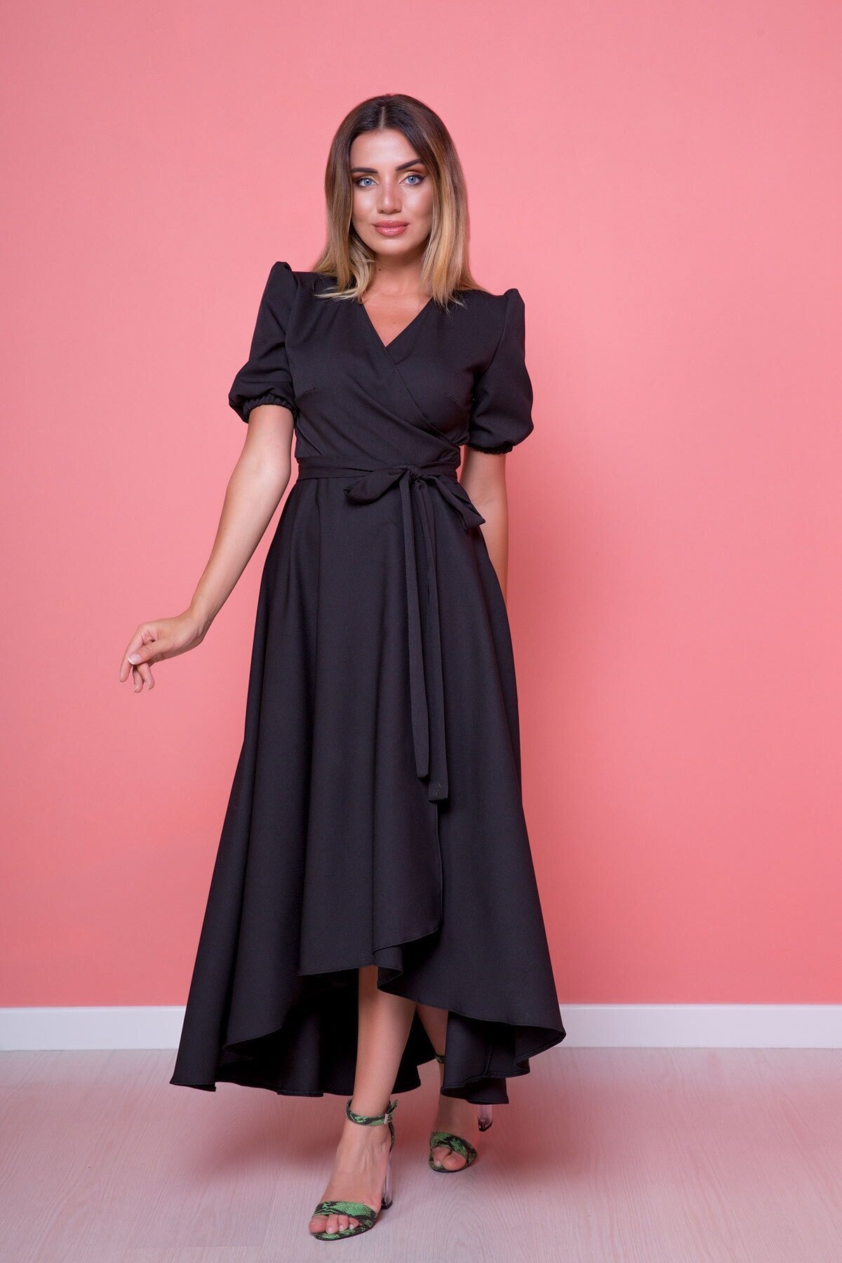 Midi Asymmetric Wrap Neck Dress - Black - Bidoluelbise