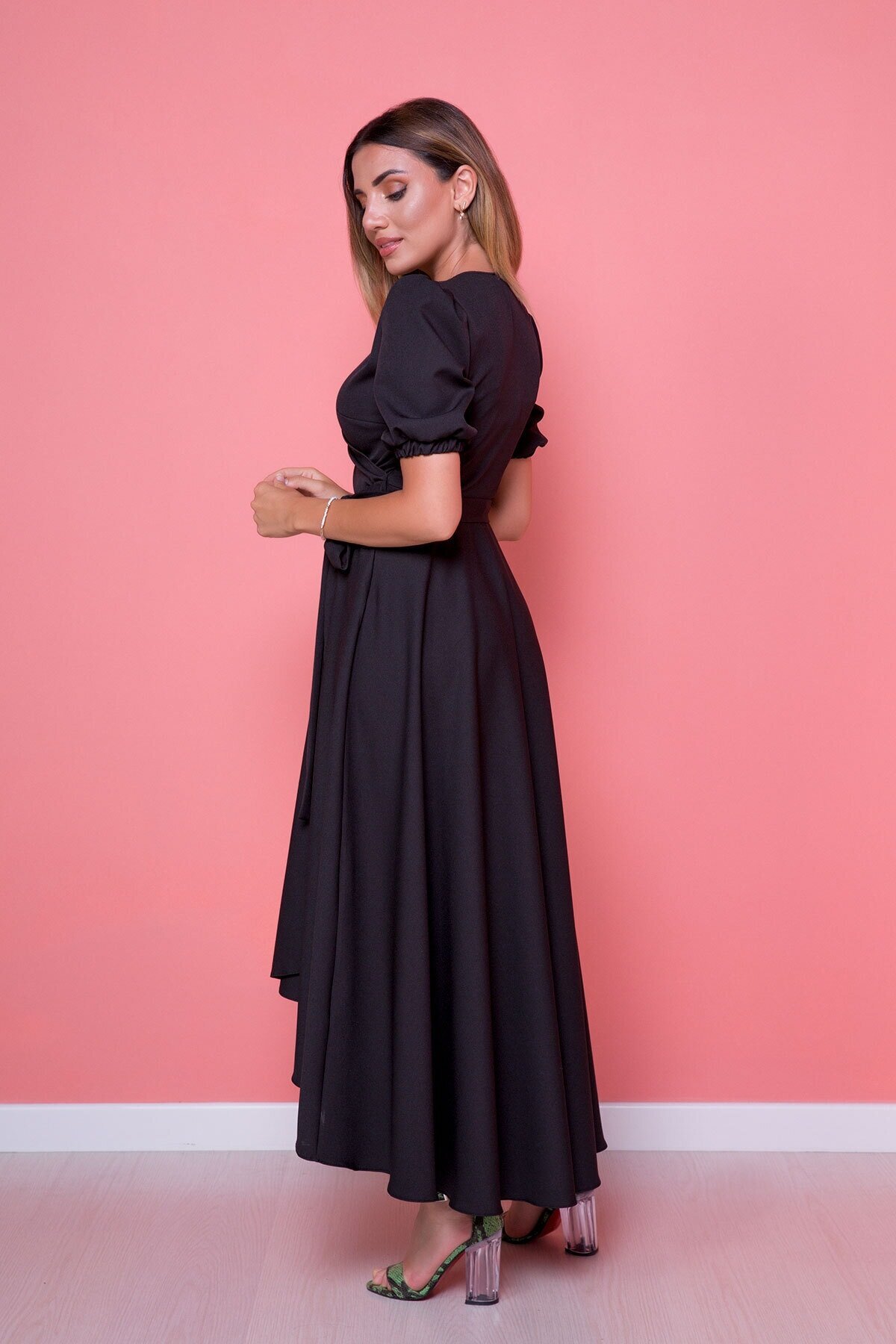 Midi Asymmetric Wrap Neck Dress - Black - Bidoluelbise