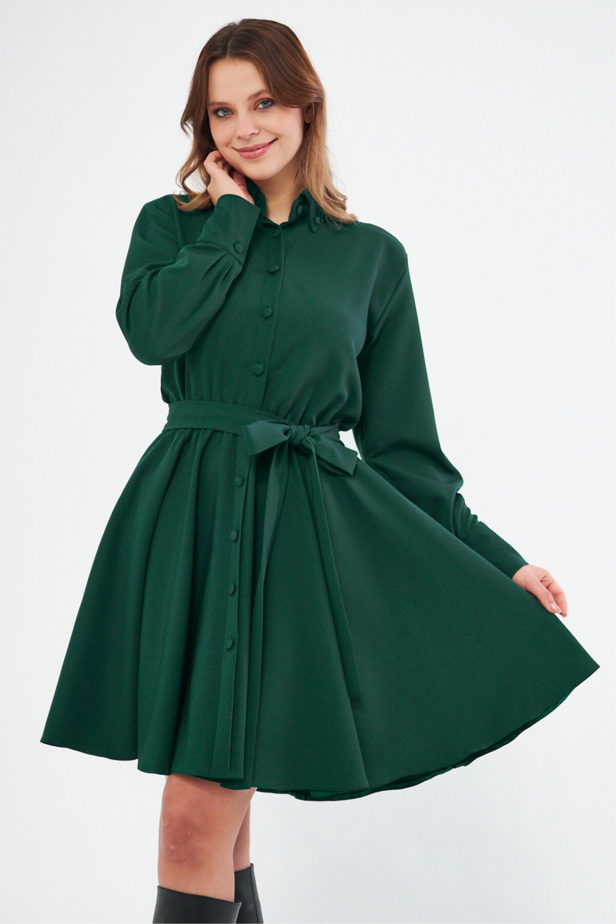 Mini Long-Sleeve Woven Elastic-Waist Belted Shirt Dress - Emerald - Bidoluelbise